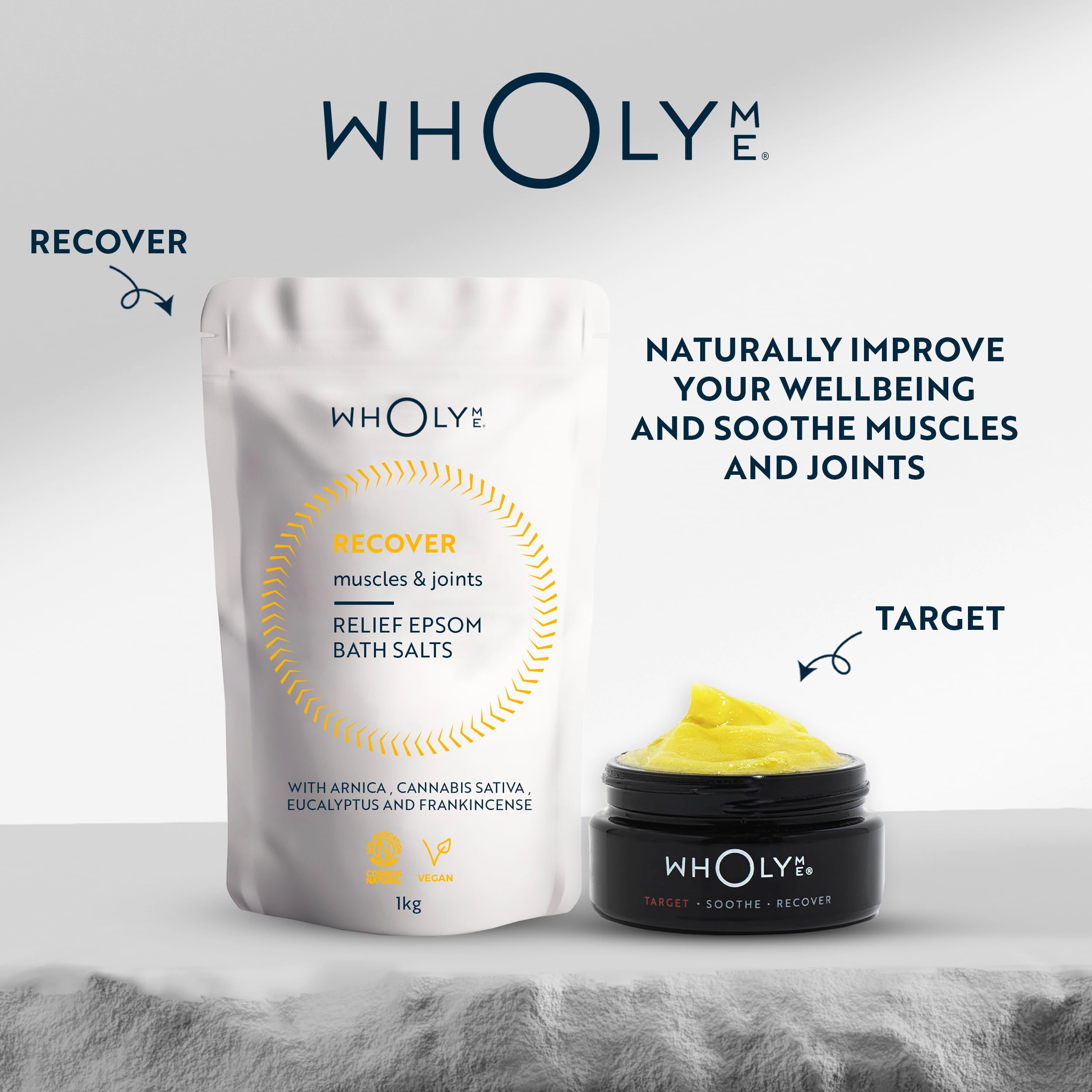 WholyMe Epsom Salt Bath Salts - Natural Bath Soak for Muscle and Joint Recovery with Arnica, Frankincense and Eucalyptus Essential Oil - Great for Post Workout and Relaxation - 7 Ounce (200g)