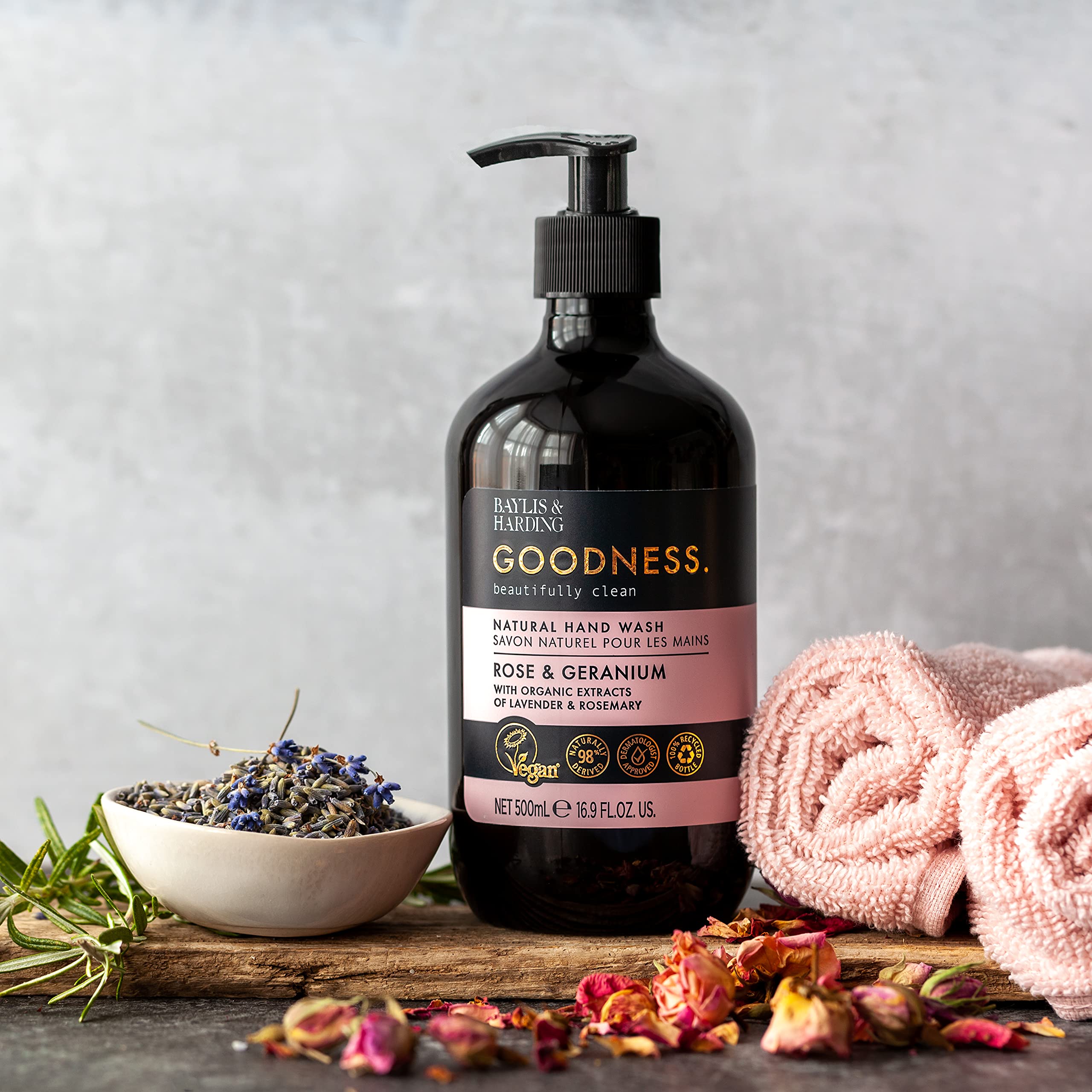 Baylis & Harding Liquid Hand Soap Wash with Dispenser, Goodness, Rose & Geranium, 16.9oz/500ml (3-Pack)