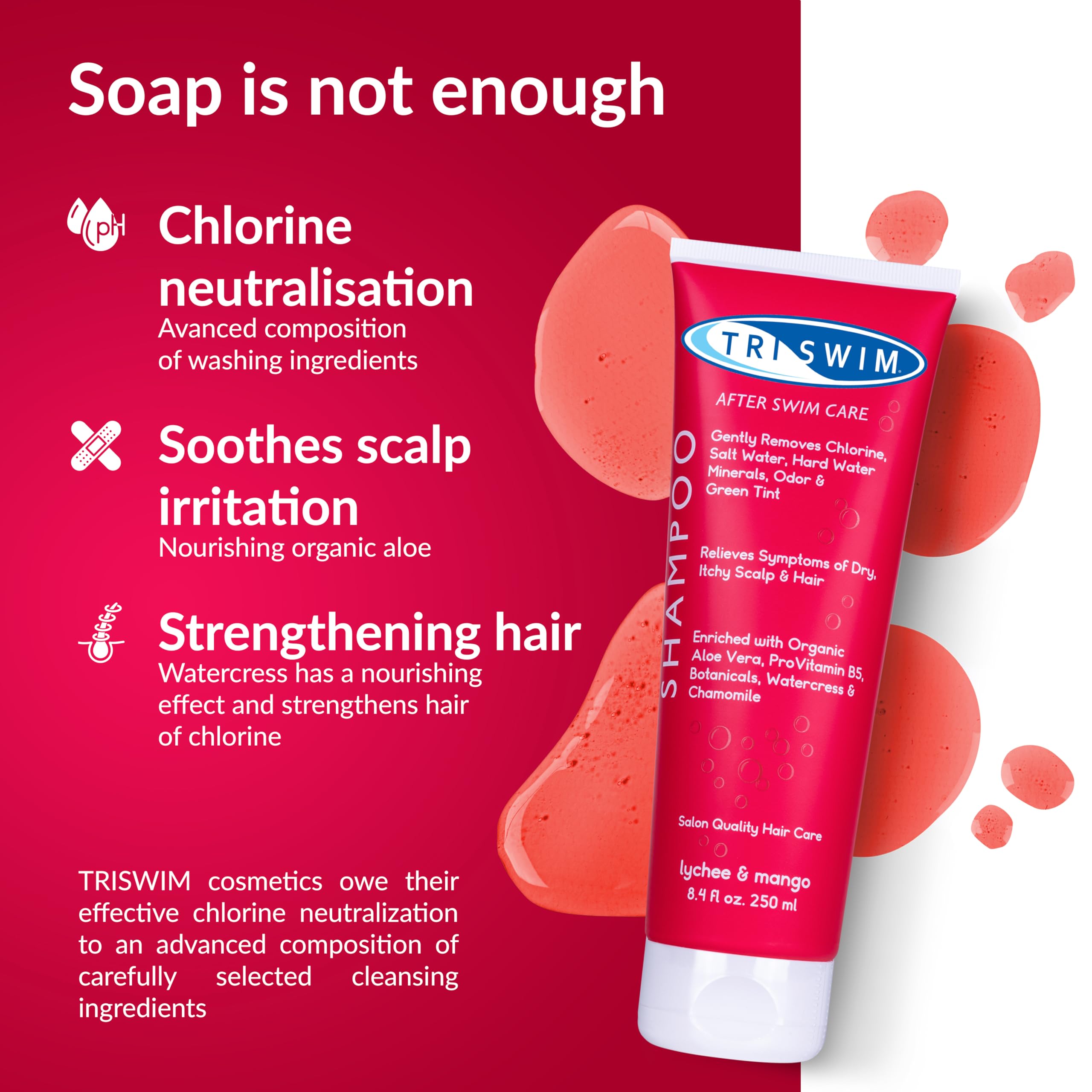 TRISWIM Chlorine Removal Shampoo | After Swim Care | Moisturising Anti-Chlorine Vegan Shampoo For Swimmers | Removes Green Tint | Lychee & Mango (250ml)