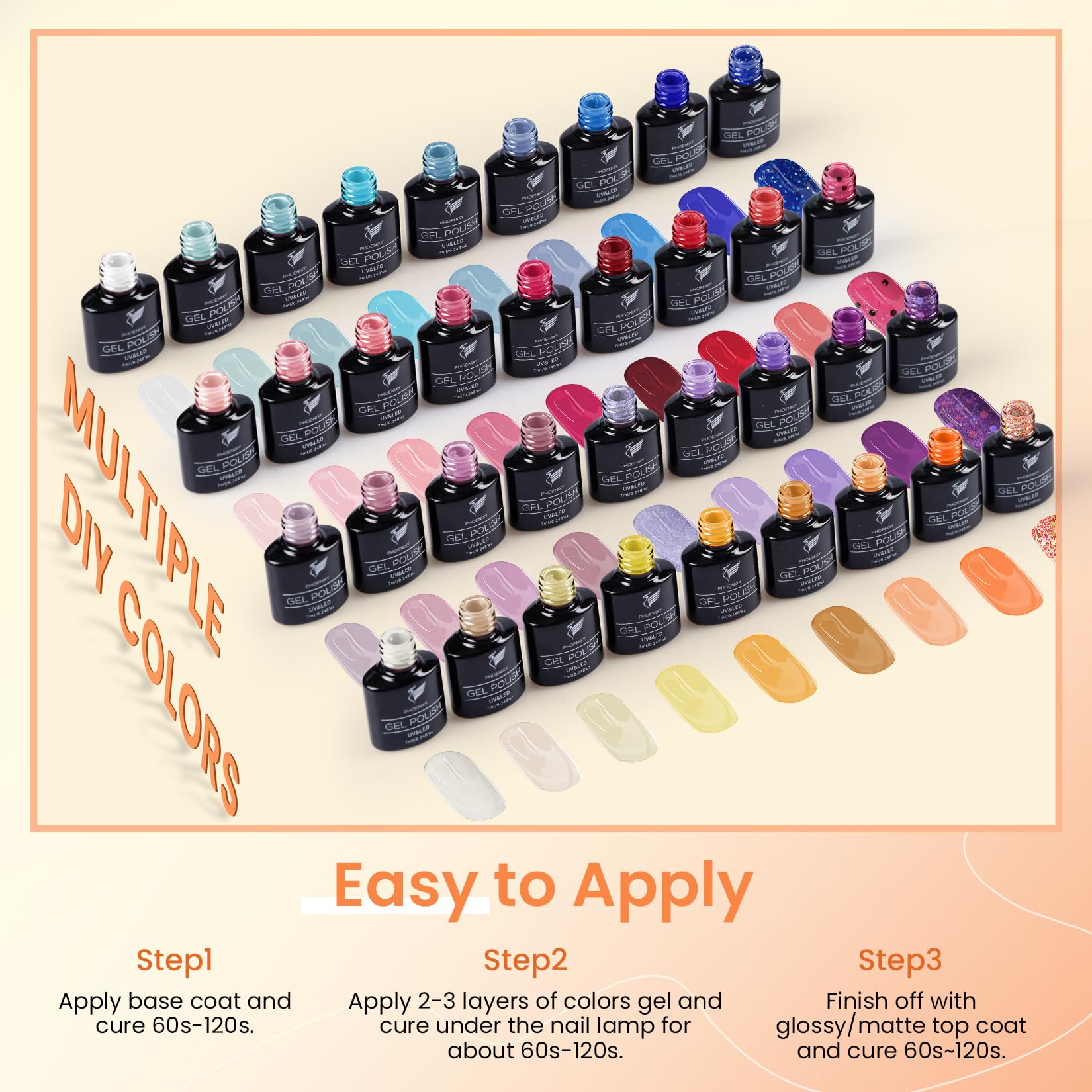 Gel Nail Polish Set, Phoenixy 36 Colours 72 Effects U V Gel Nail Polish with Glossy Matte Base Top Coat, Red Blue Purple Orange Soak Off Nail Kit Gift for Women