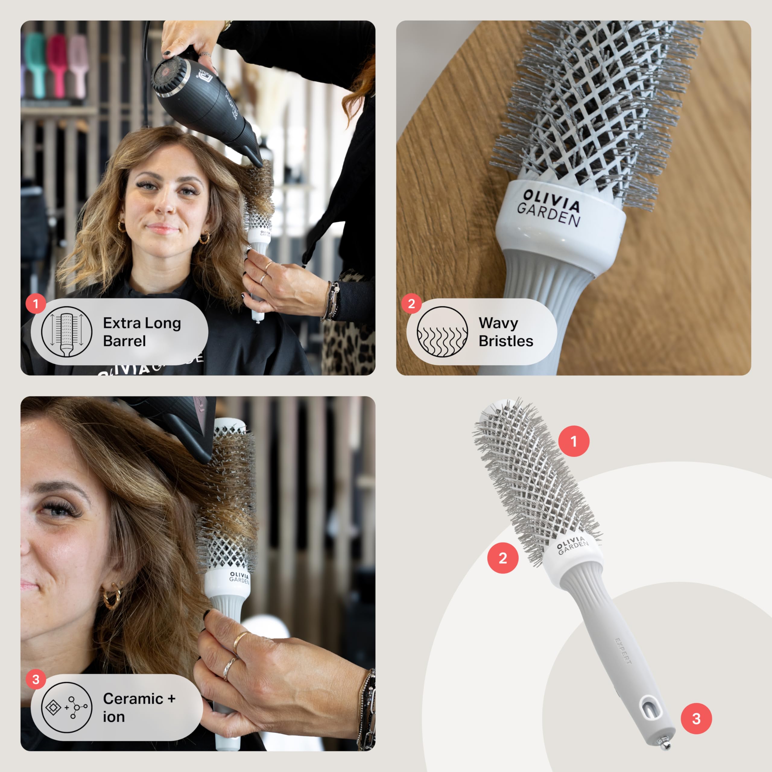 Olivia Garden Expert Blowout Speed – White & Grey - 35 - Ceramic Coated Round Brush with Extra Long Barrel for 25% Faster Blowouts