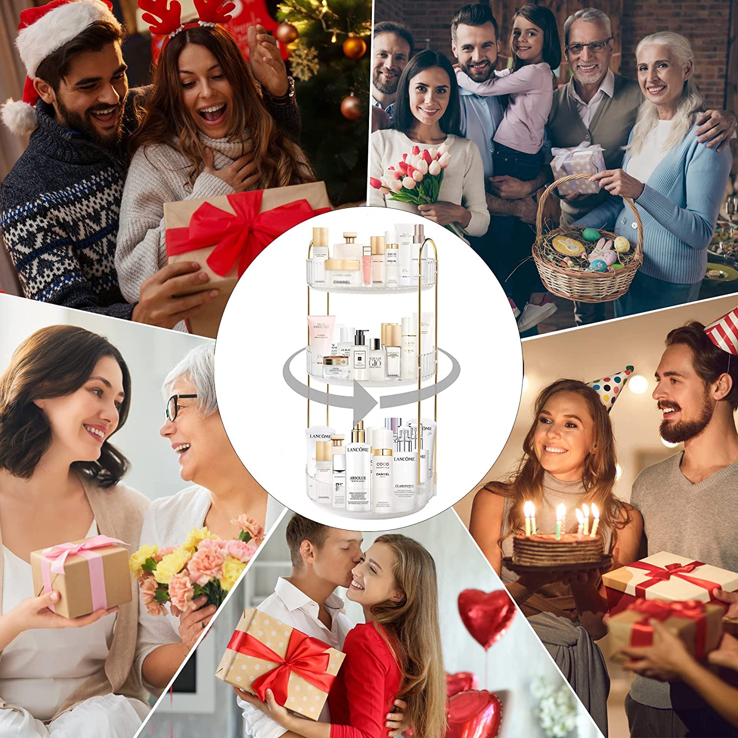 Bingobang Makeup Organiser 360 Rotating, Spinning 3 Tiers Skincare Cosmetic Organizer Acrylic Large, Tidy Storage Shelf for Perfume, Jewelery, Brush, Vanity Desk, Dresser, Bedroom, Bathroom (White)