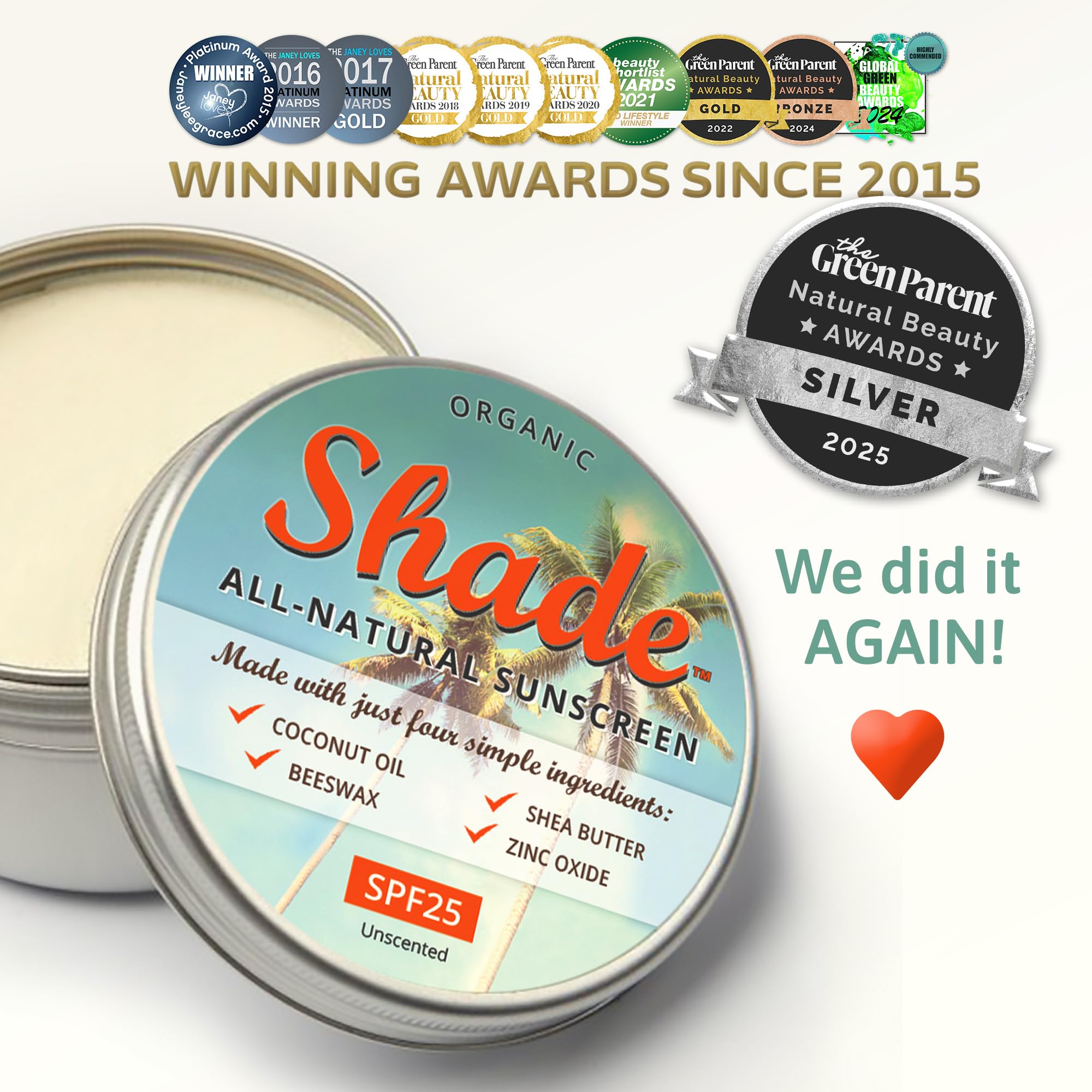 Shade All-Natural Sunscreen SPF25 | Unscented | Mineral-based Broad Spectrum Protection | Only 4 Ingredients | Face & Body | Marine & Freshwater Friendly | Sensitive Skin | 100ml
