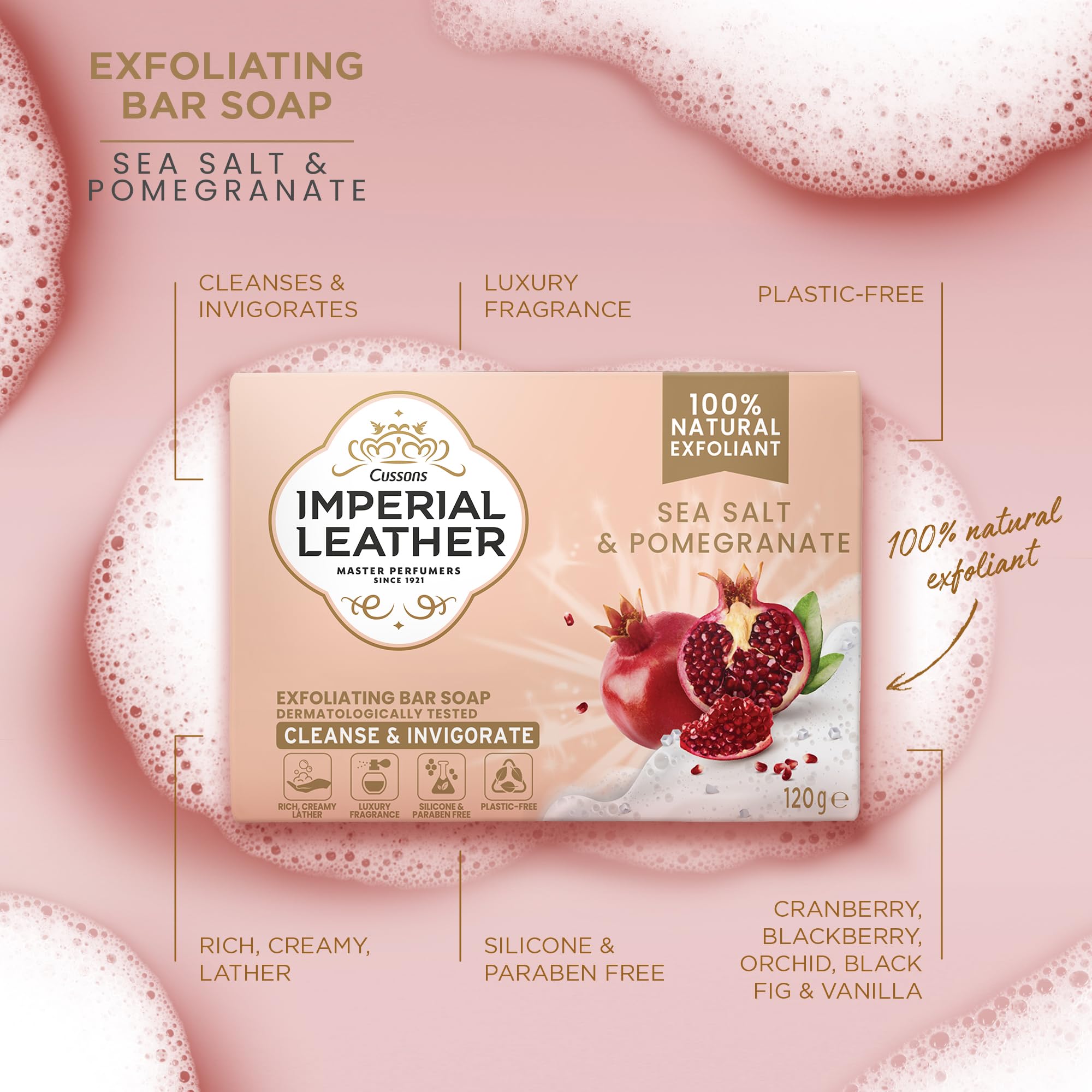 Imperial Leather Pomegranate & Sea Salt Exfoliating Bar Soap, Bulk Buy, Pack 12 x 120g