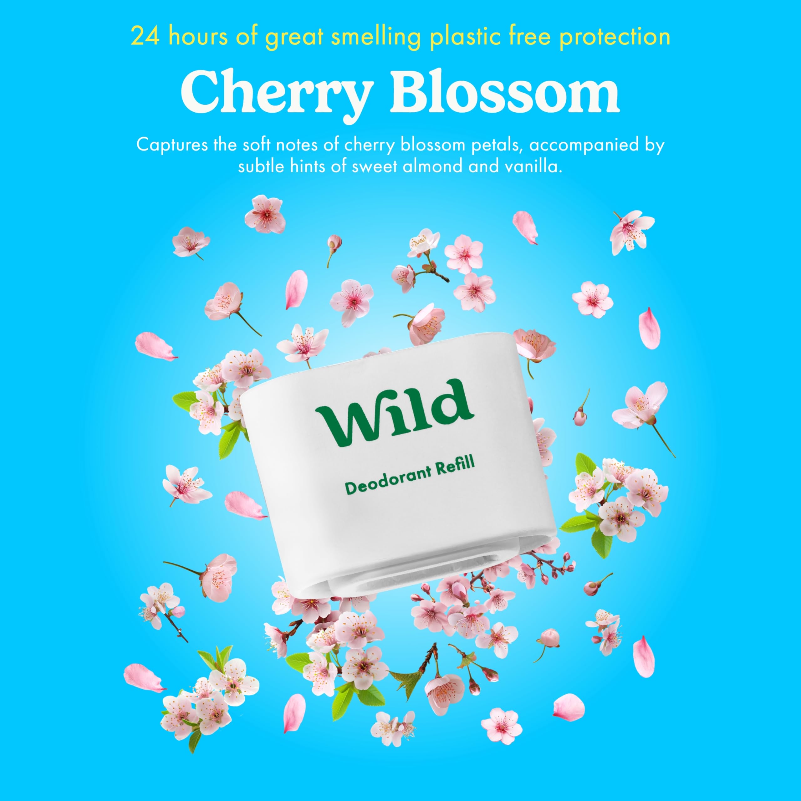 Wild - Aqua Case with Refill Variety Pack (3 x 40g) - Natural Refillable Deodorant - Aluminium Free - Includes Fresh Cotton & Sea Salt, Cherry Blossom and Coconut & Vanilla Scents - Vegan