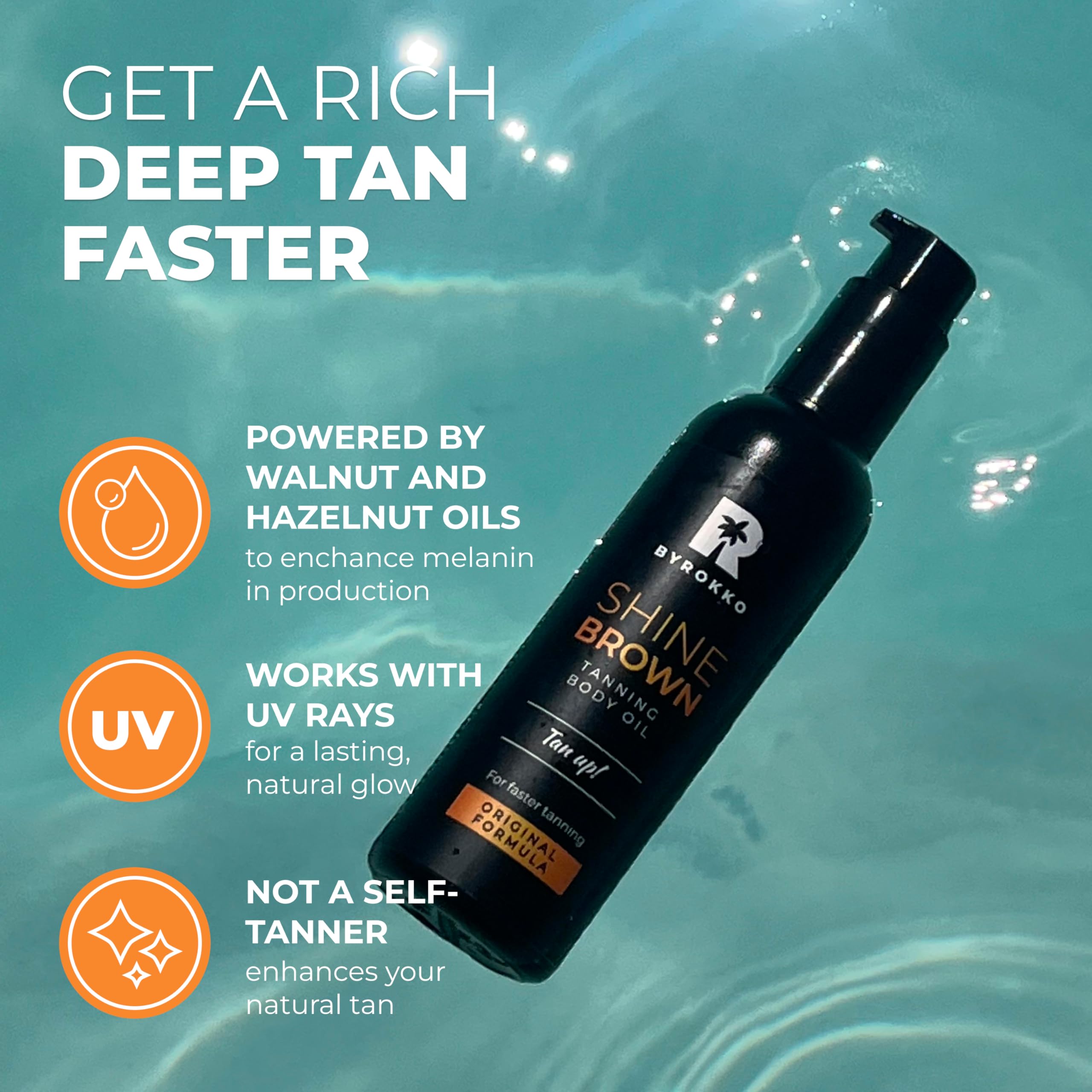 BYROKKO Shine Brown Tanning Oil (150 ml), XXL Sunbed Tanning Accelerator for Outdoor Sun or Indoor Tanning Bed Lotion, Fast Bronzer with Premium Natural Ingredients for Deep, Long-Lasting Glow