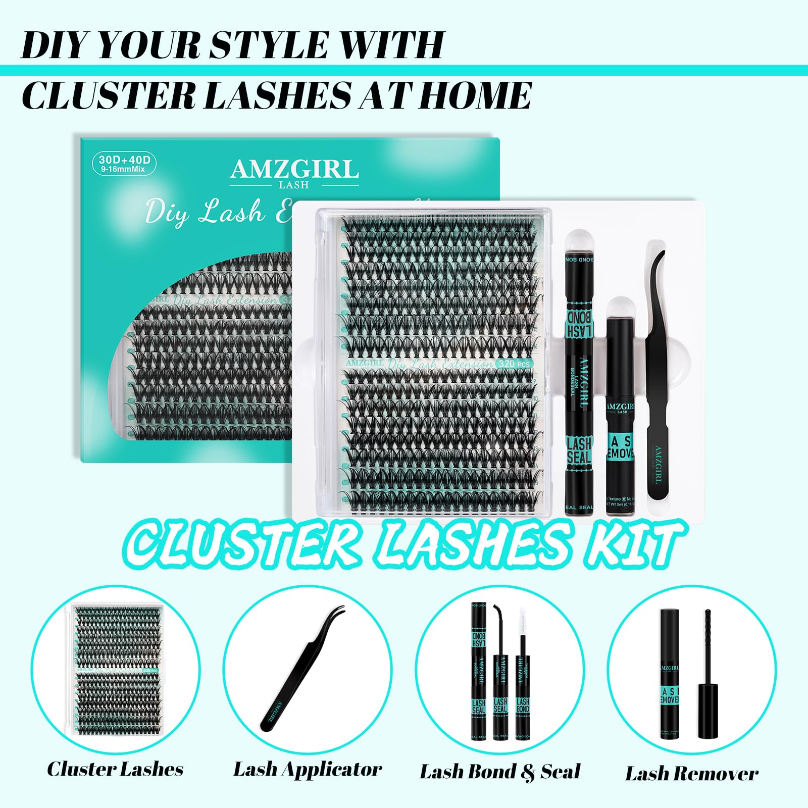 Lash Extension Kit 320Pcs,DIY Individual Lashes Clusters Kit,Lash Bond And Seal,Lash Remover For Eyelashes Extensions,Lash Applicator Tool For False Eyelash Cluster Kit At Home(3040D,D-Mix9-16mm Kit)