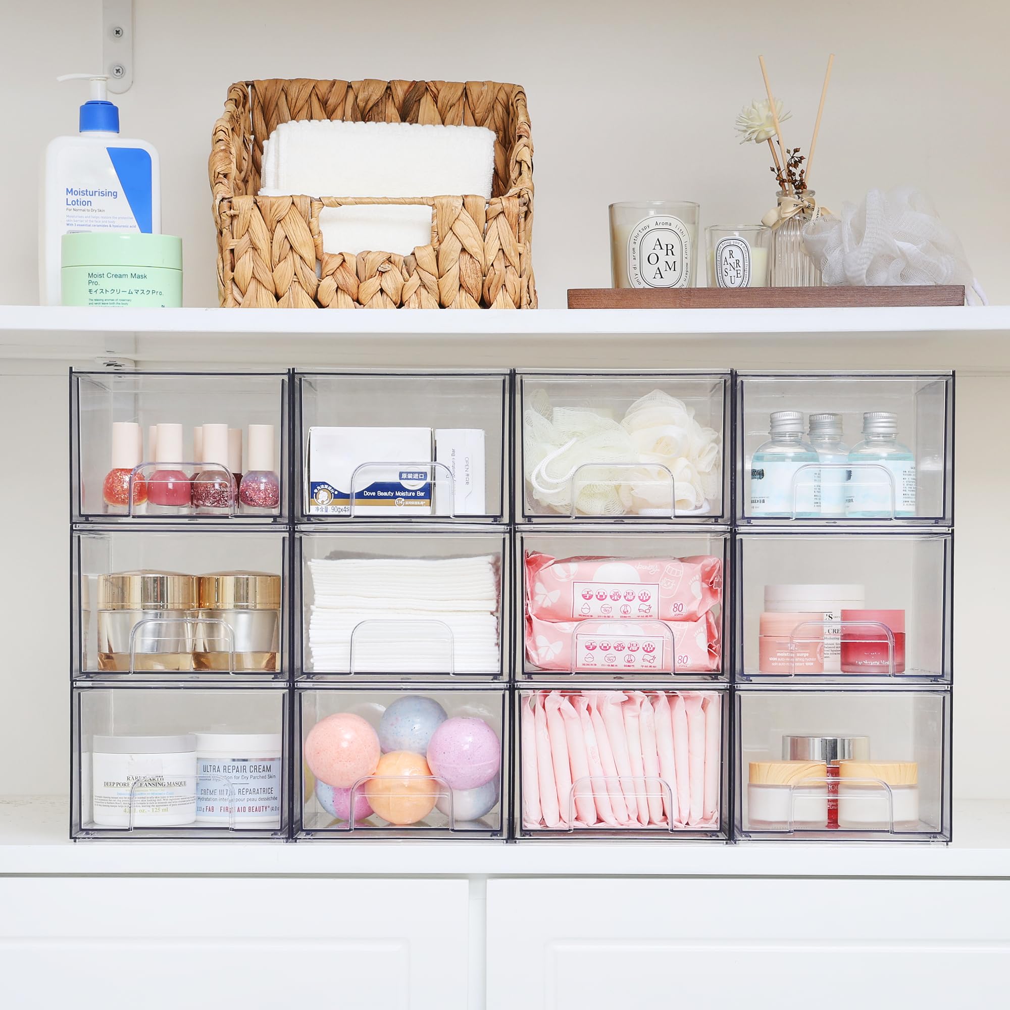 Vtopmart 4 pack Clear Stackable Storage Drawer, 4.4 Inch Tall Acrylic Bathroom Makeup Organiser, Plastic Storage box for Vanity, Under Sink, Kitchen Cupboard, Pantry, Home Organization