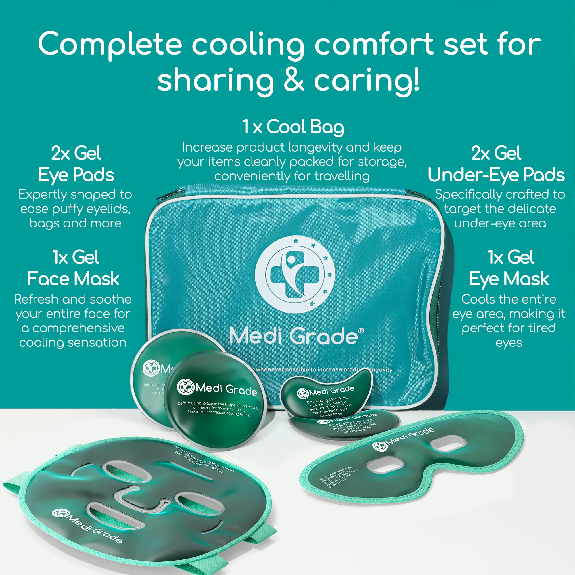 Medi Grade Cooling Face Mask set with Cooling Eye Mask for Puffy Eyes and Insulated Thermo-bag - Soothing Gel Ice Face Mask and Eye Ice Mask for Dark Circles and Puffiness - Cold Face Mask Relaxation