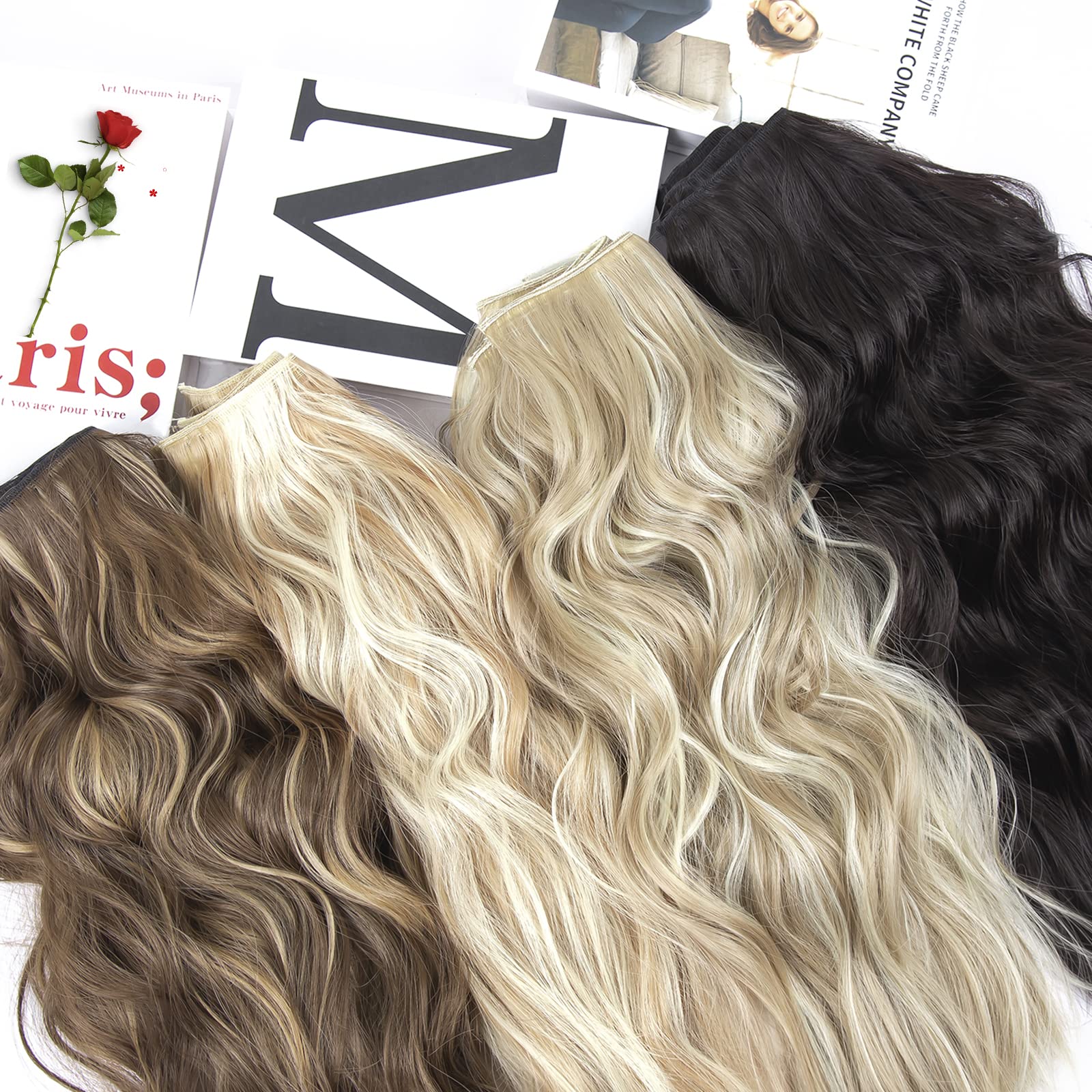 20 Inches Dark Brown Hair Extensions clip in, Synthetic Curly Clip in Hair Extension, Natural Thick Wavy Hairpieces for Women (Color:Dark Brown)