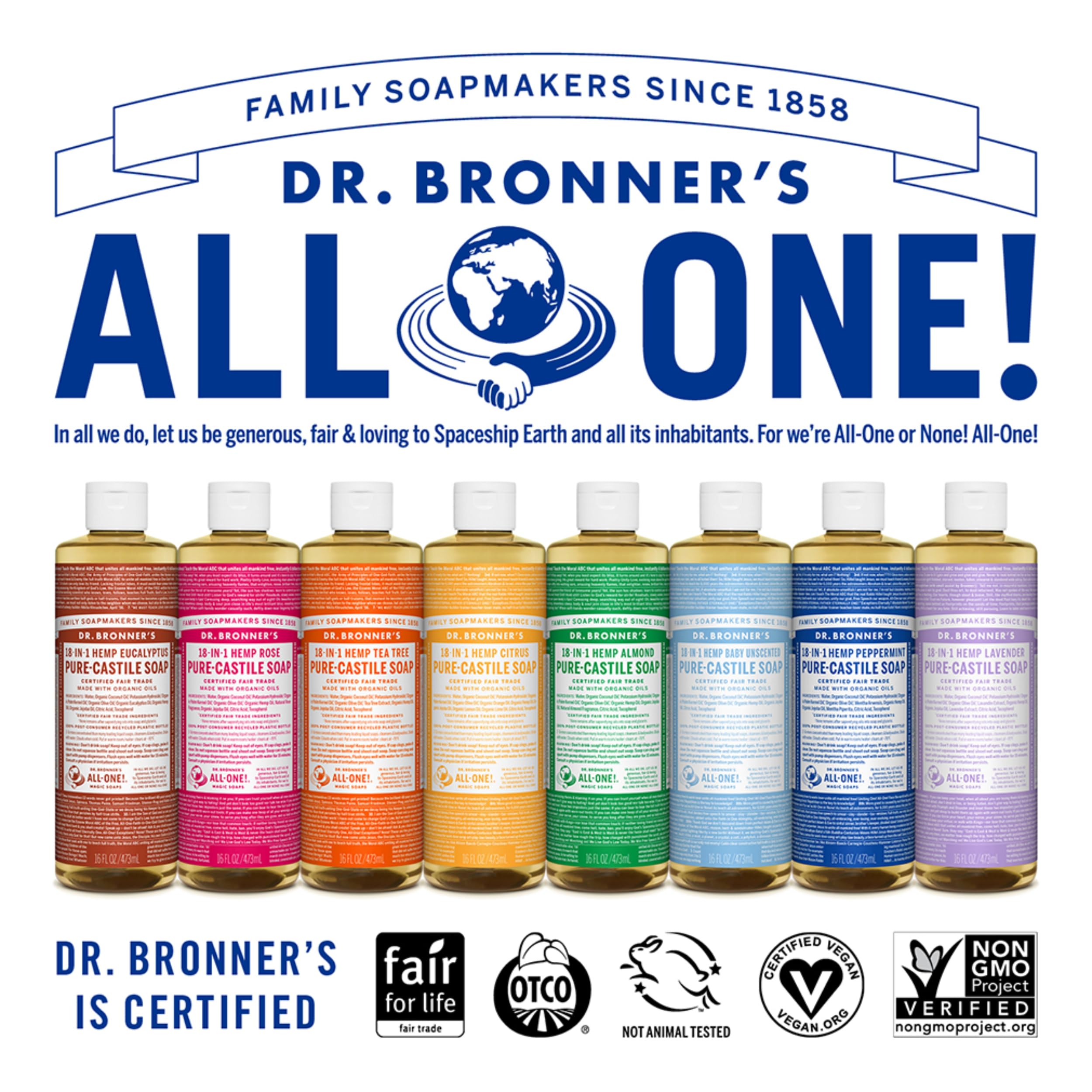 Dr. Bronner's - Pure-Castile Liquid Soap (Almond, 16 ounce) - Made with Organic Oils, 18-in-1 Uses: Face, Body, Hair, Laundry, Pets and Dishes, Concentrated, Vegan, Non-GMO