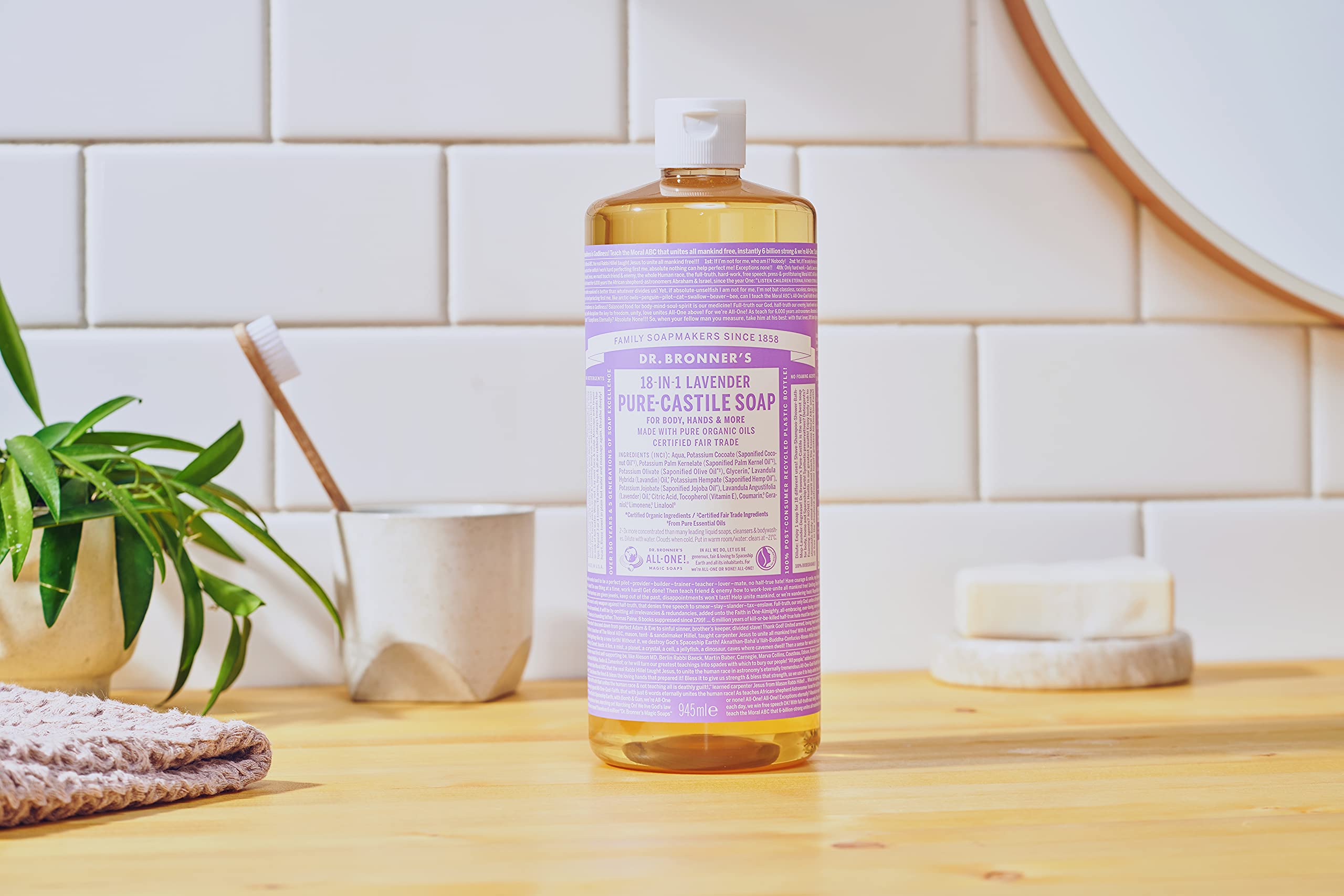 Dr Bronner's Lavender All-One Magic Soap, Made with Organic Oils, Used for Face, Body, Hair, Dishes, Mopping and Pets, Certified Fair Trade & Vegan Friendly, 945ml Recycled Bottle