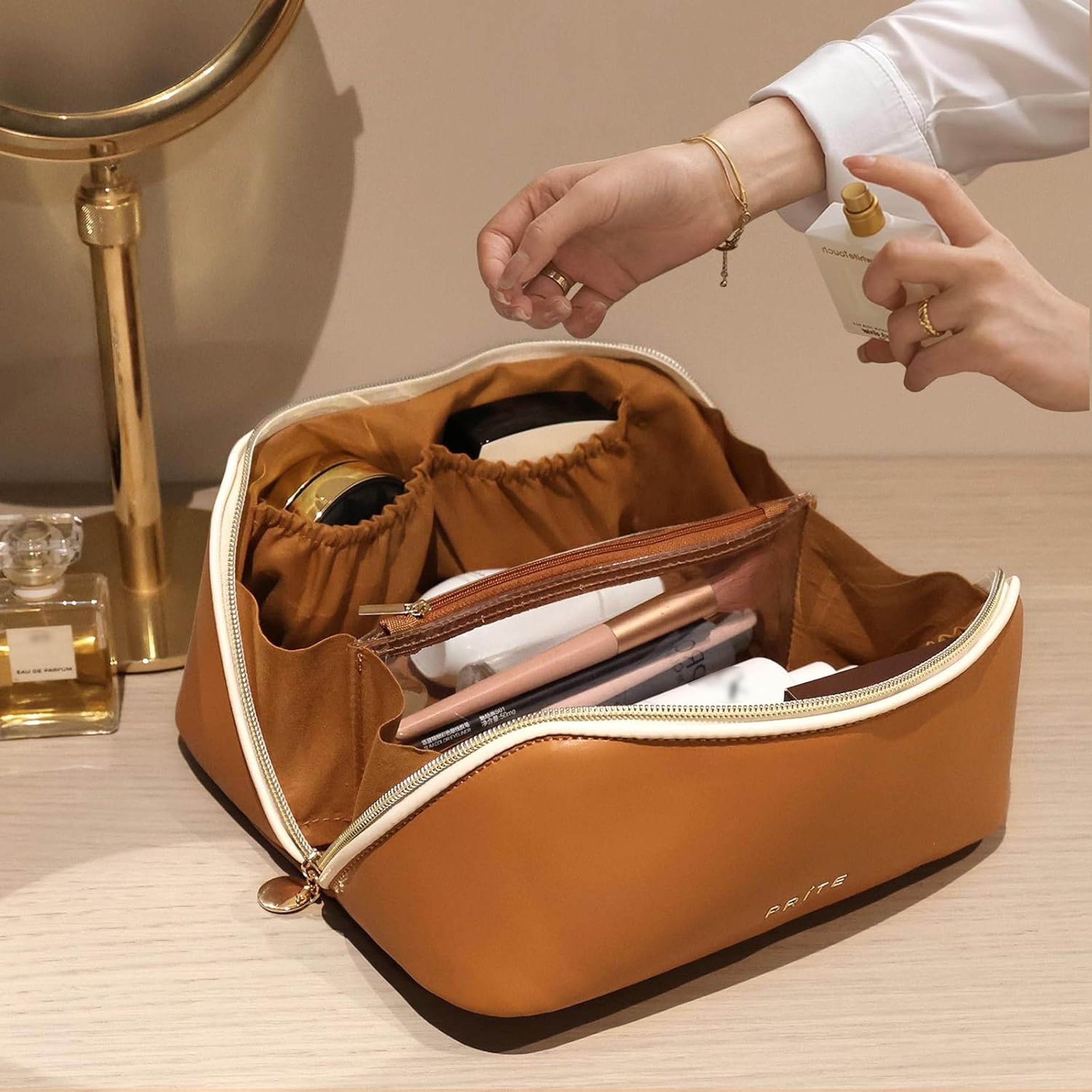 Prite Large Capacity Makeup Bag Portable Travel Cosmetic Bag Waterproof Toiletry Case with Clear Divider and Handle (Brown)