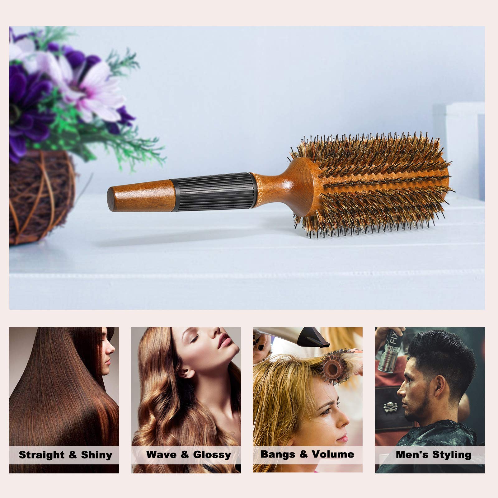 BESTOOL Round Brush for Blow Drying, Boar Bristle Round Hair Brush with Wooden Barrel, Large Round Styling Brush for Women & Men, Straightening, Curling, Adding Shine or Volume (2.8 Inch)
