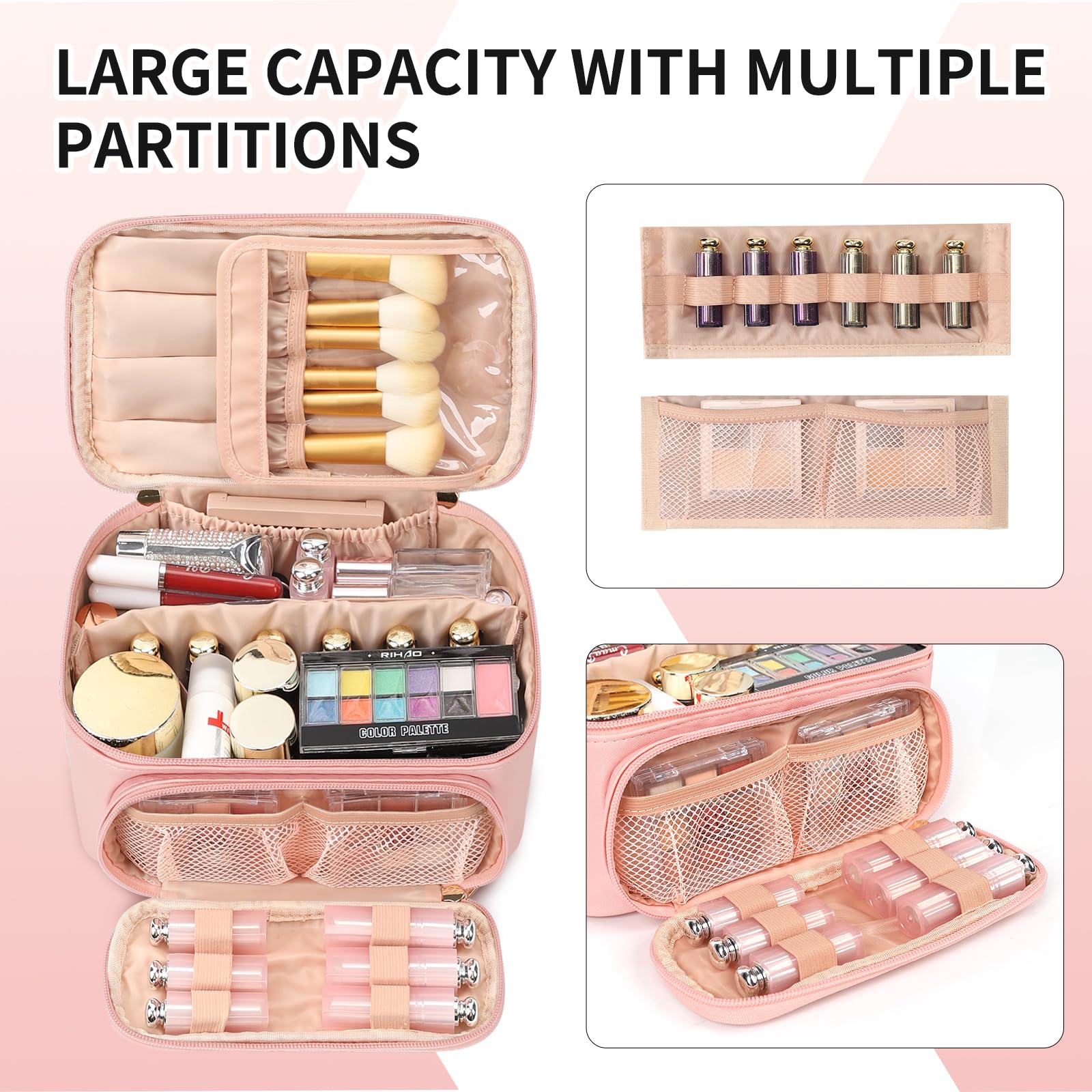 Travel Makeup Bag, Portable Cosmetic Bag with Makeup Brush Organiser Large Capacity Make up Case Water-Resistant Toiletry Bag for Women Travel Essentials, Large Pink