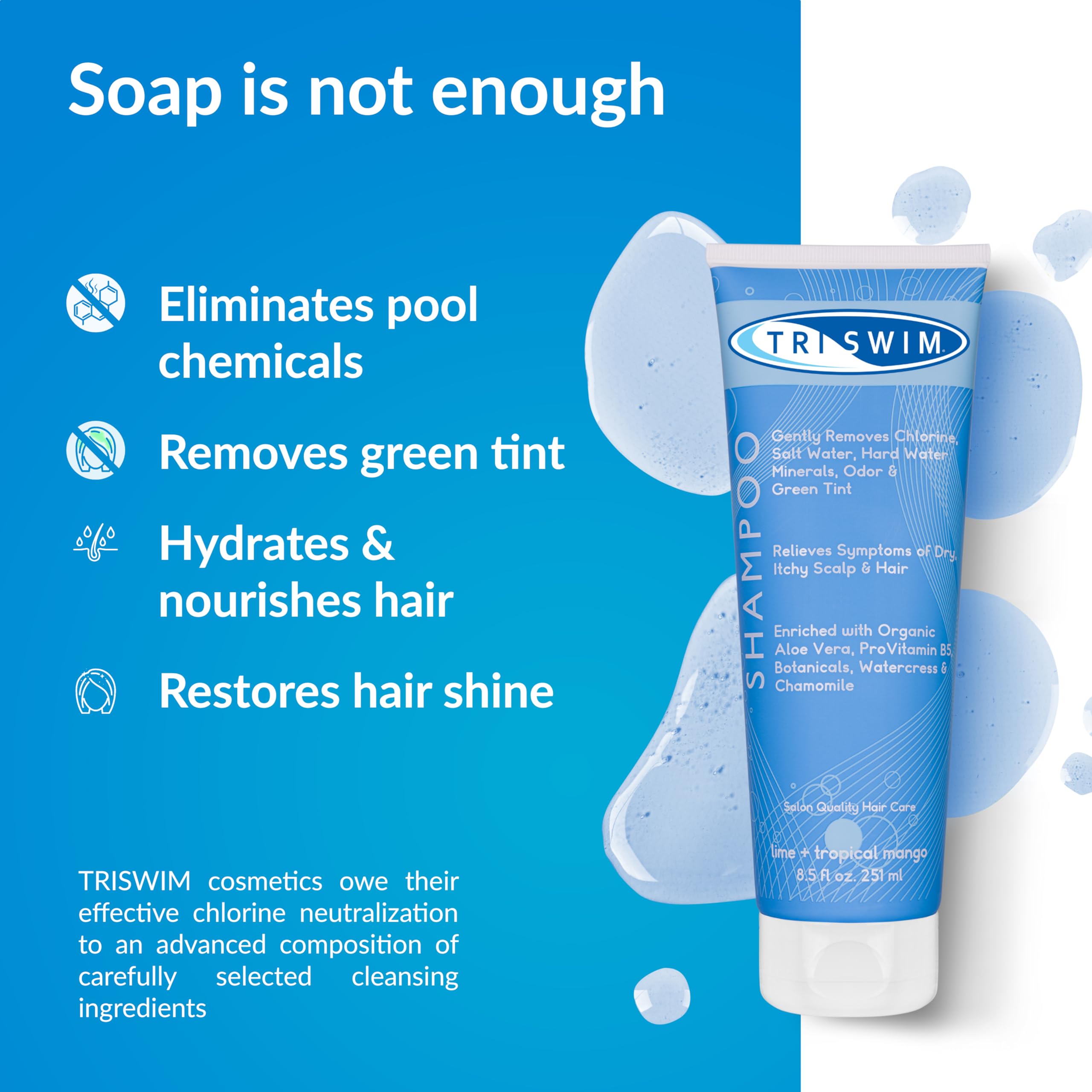TRISWIM Chlorine Removal Shampoo | After Swim Care | Moisturising Anti-Chlorine Vegan Shampoo For Swimmers | Removes Green Tint | Lime & Mango (251ml)