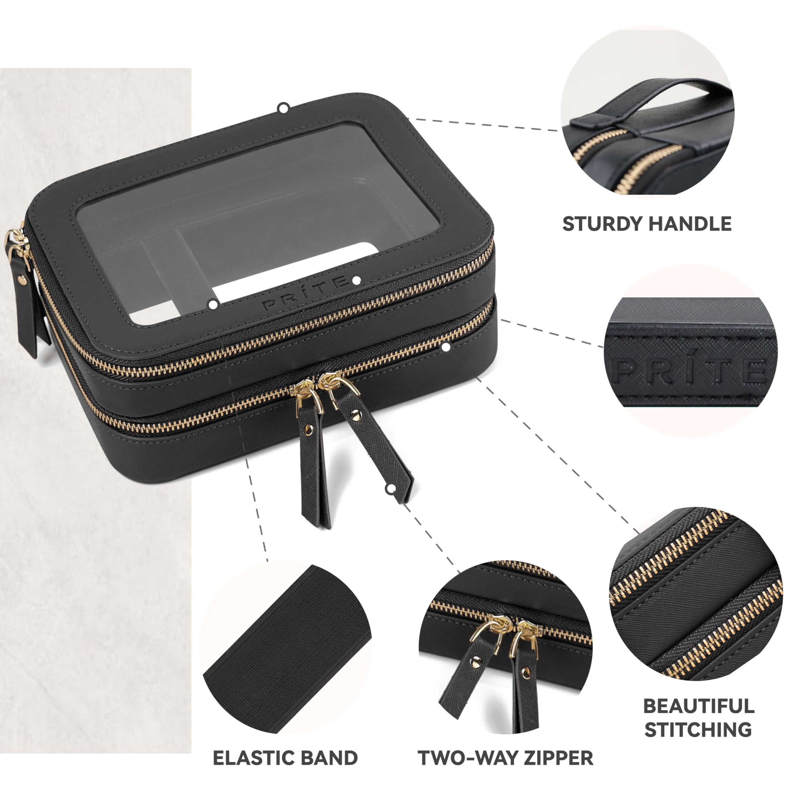 Prite Large Clear Makeup Bag with Gift Box Double Sided Cosmetic Case Two Layer Travel Toiletry Bag with Zippers and Compartment (Black)