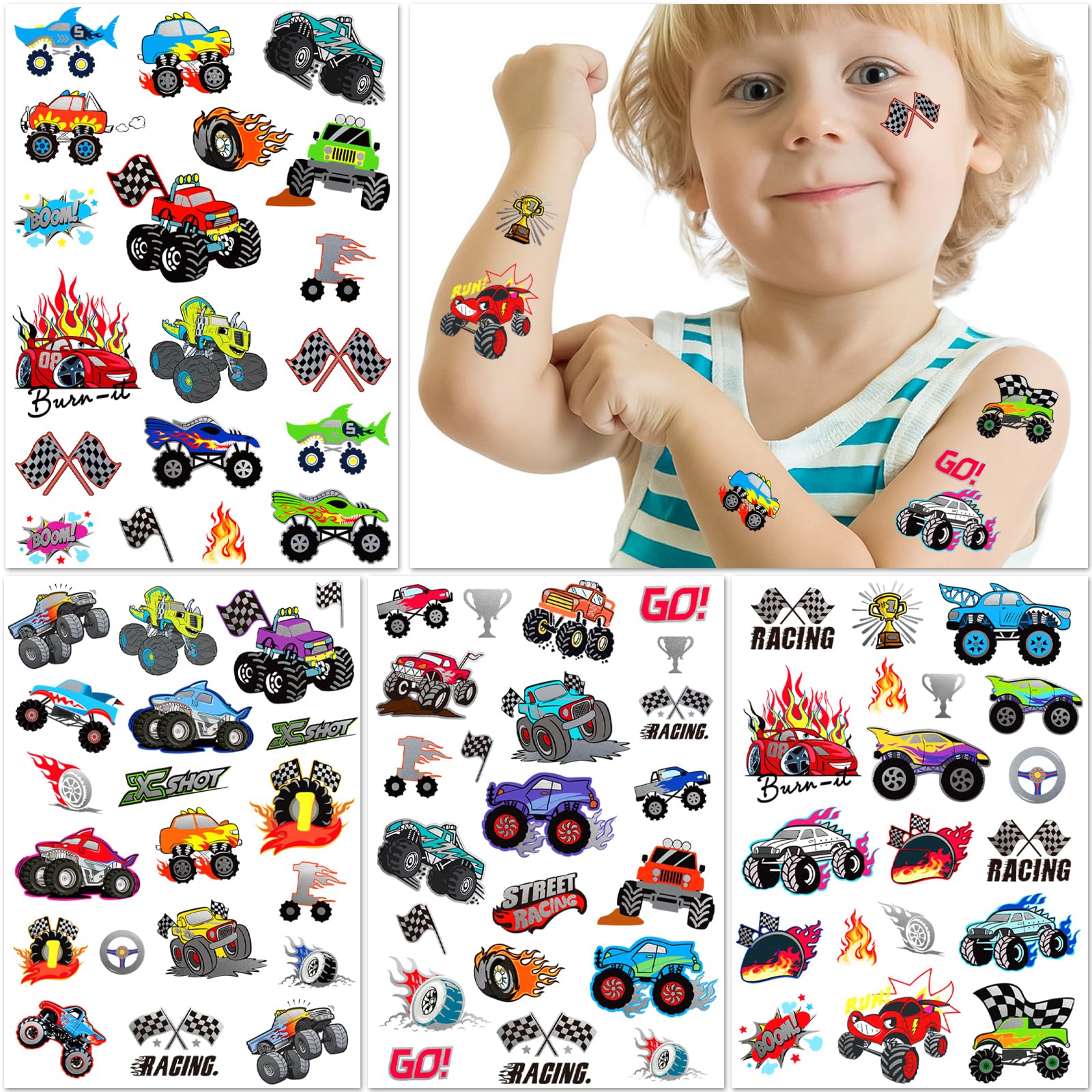 75 PCS Truck Temporary Tattoos for Kids, Groovy Metallic Styles Tattoos for Truck Wheels Birthday Party Supplies Racing Car Checkered Flag Trophy Flame Fake Tattoo Stickers for 5 6 7 8 Years Old Boys