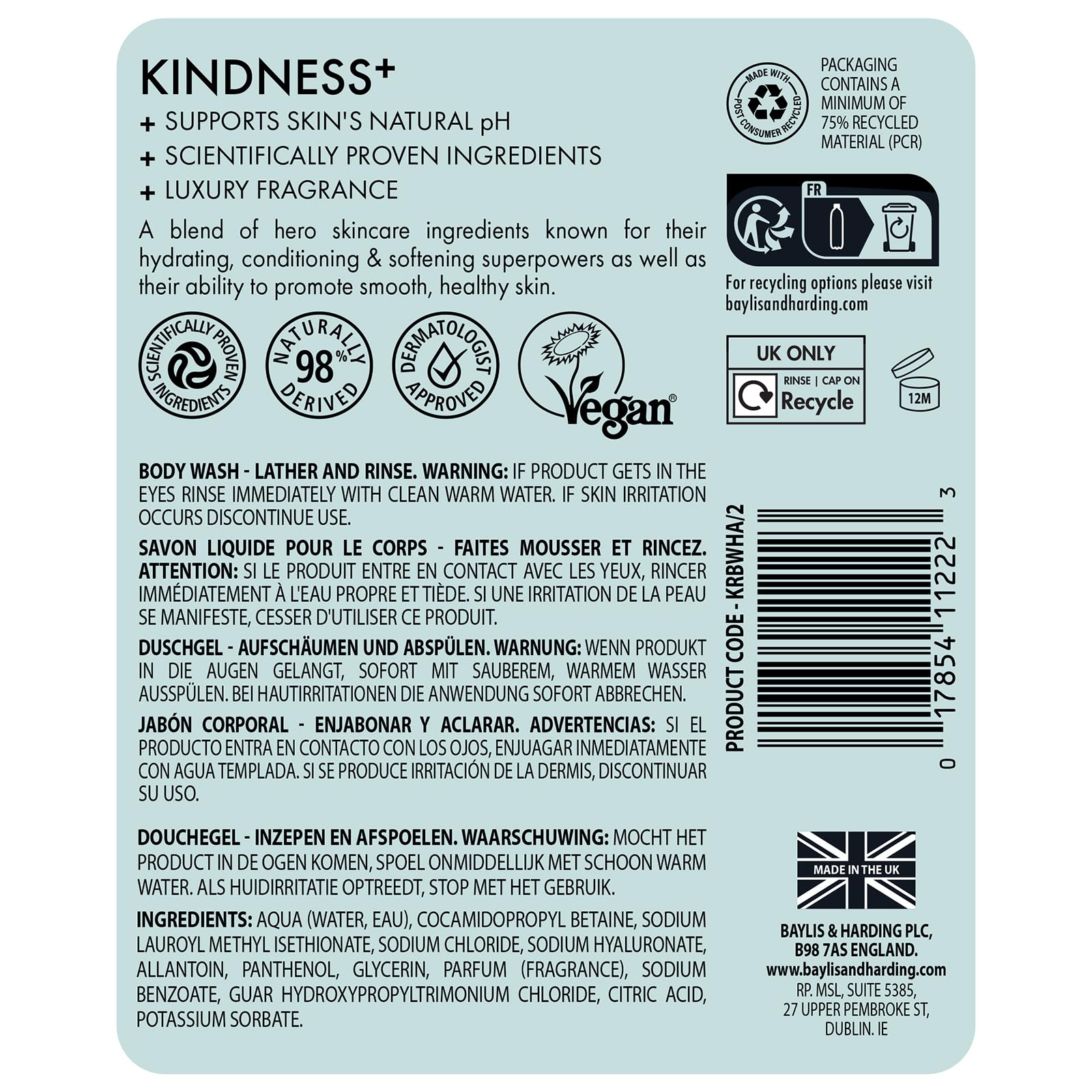 Baylis & Harding Kindness + Plant Hyaluronic Acid, Pear & Orange Blossom Fragrance, 500 ml Cleanse & Hydrate Body Wash (Pack of 3) - Vegan Friendly
