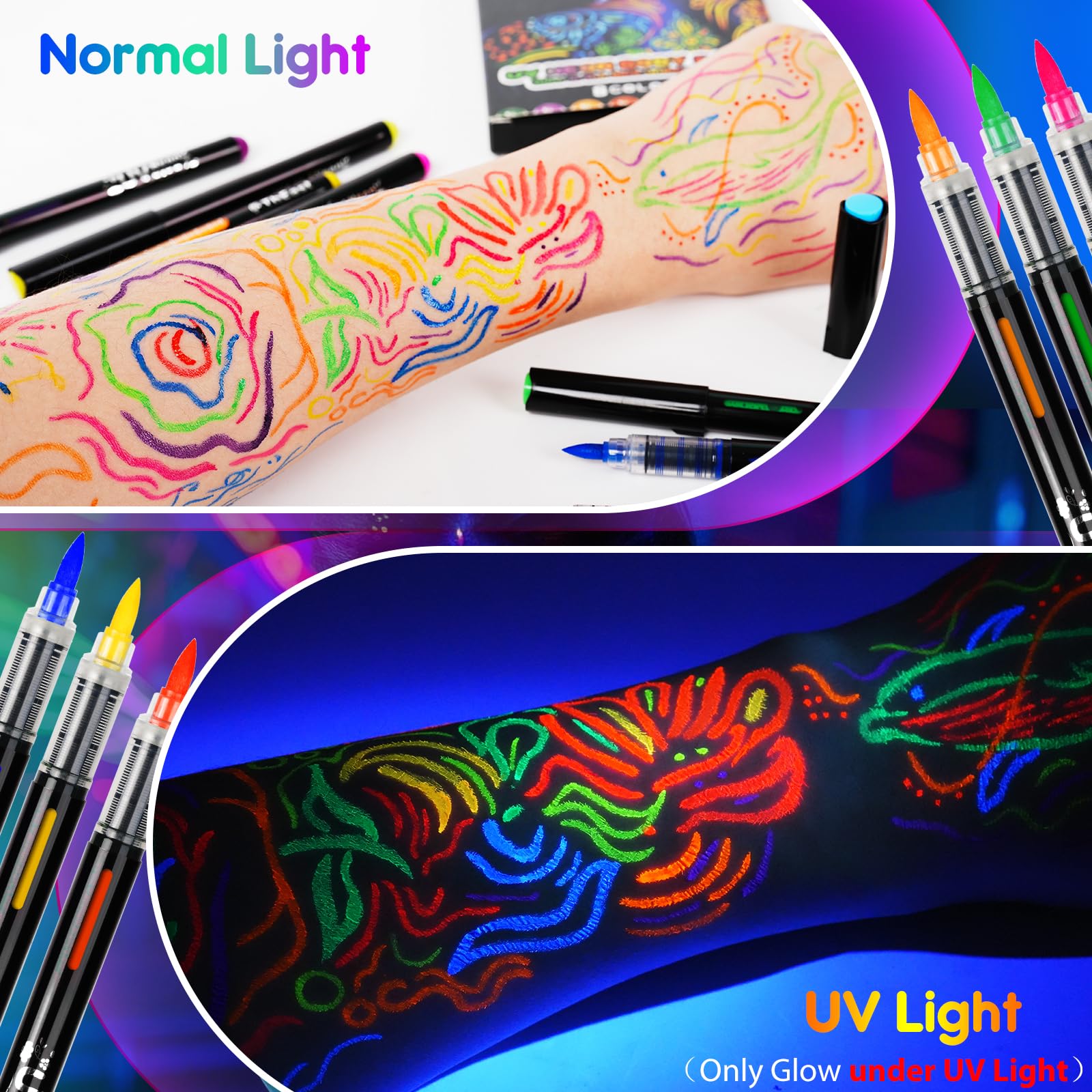 ThEast 8 UV Neon Face Paint Pens, Glow in the Dark Under UV Light Body Painting Kit, Tatto Markers for Skin Washable, Face Makeup for Party Favors