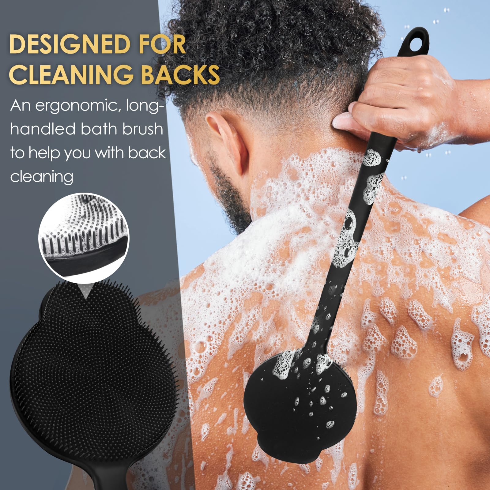 Silicone Back Scrubber for Shower With Long Handle - Improved Body Scrubber for Exfoliation and Massage, Creates More Foam - for Men and Women