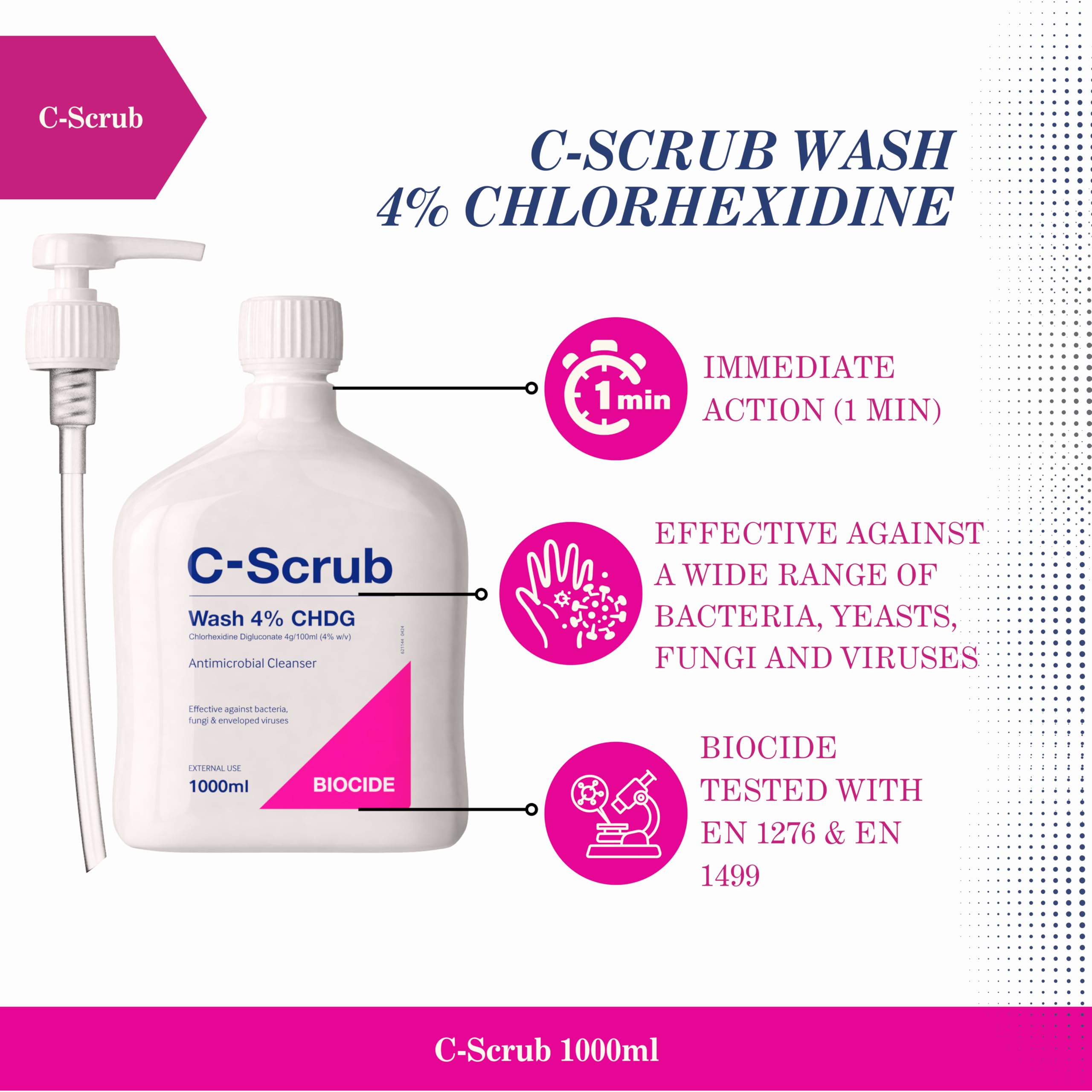 C-Scrub Wash Chlorhexidine 4% w/v | 1000ml | Anti-Microbial Hand, Skin Cleanser | Pump Dispenser | Antibacterial Wash