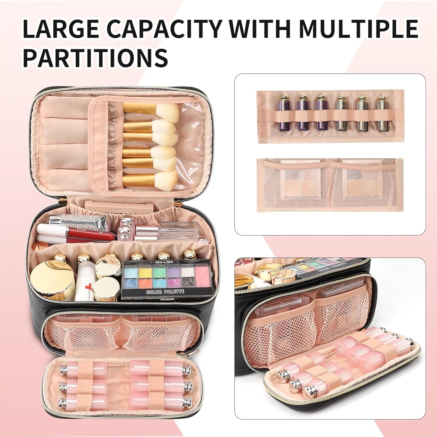 Travel Makeup Bag, Portable Cosmetic Bag with Makeup Brush Organiser Large Capacity Make up Case Water-Resistant Toiletry Bag for Women Travel Essentials, Large