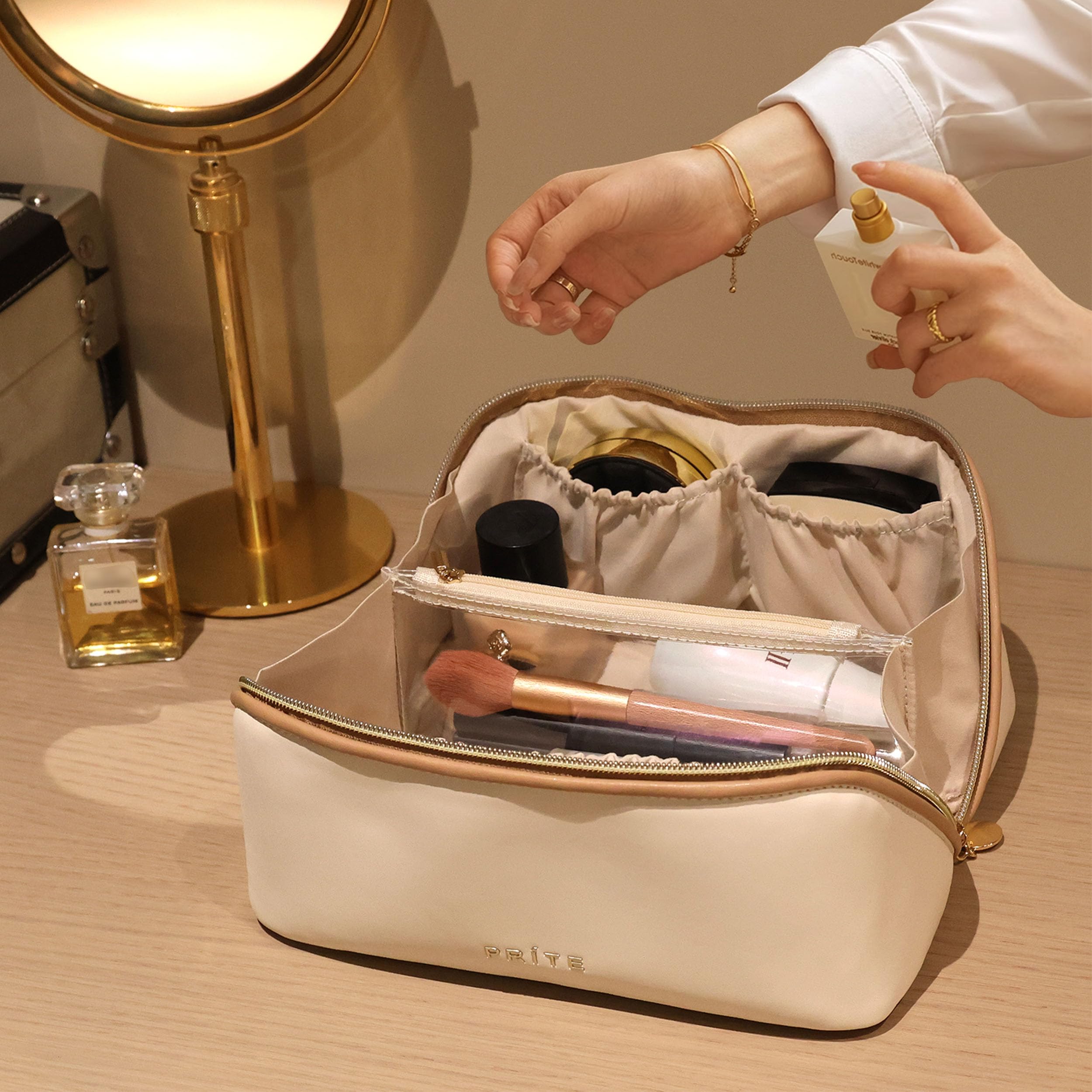 Prite Large Capacity Makeup Bag Portable Travel Cosmetic Bag Waterproof Toiletry Case with Clear Divider and Handle (Beige)
