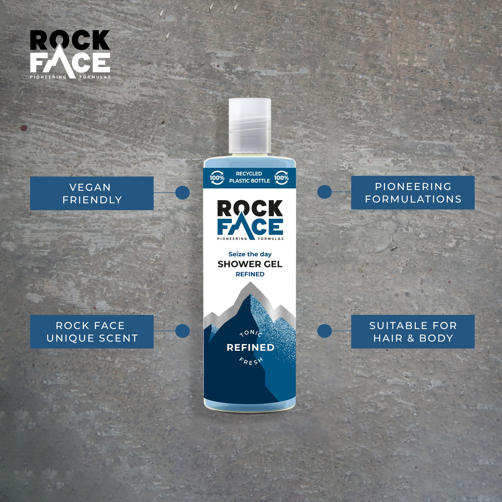 Rock Face Shower Gel - Refined All In One Body Wash for Men, 410ml, Sandalwood & Cedar Scent, Suitable for Hair and Body, Long Lasting Fragrance, Multipack of 6