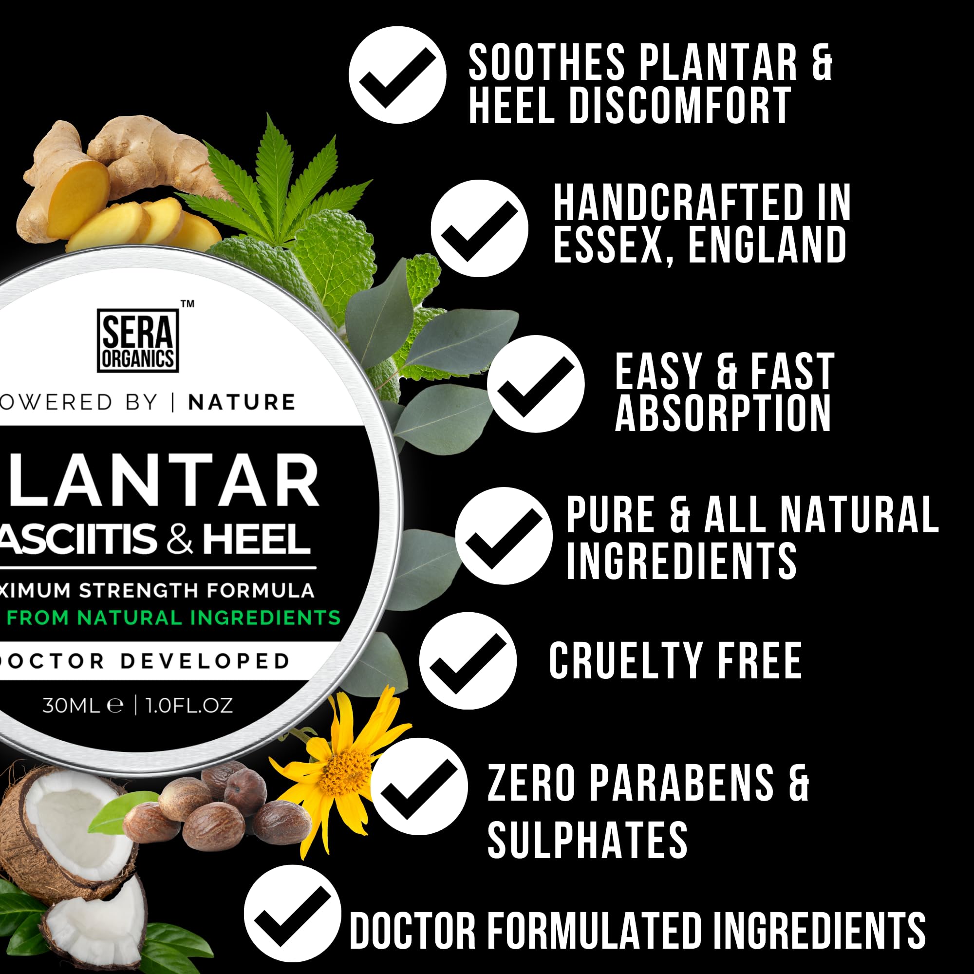 Plantar Fasciitis Relief & Heel Treatment | Maximum Strength Soothing Cream for Feet & Heel All-Natural Formula, Effective Soothing Plantar Fasciitis Relief - Made In the UK (30g) By Sera Organics