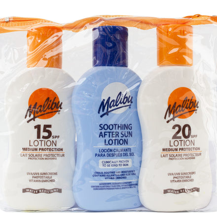 Malibu Sun Travel Essentials with Suncream Protection and Soothing Aftersun Lotion, Water Resistant, SPF 15 and 20, Multipack, 3 x 100ml