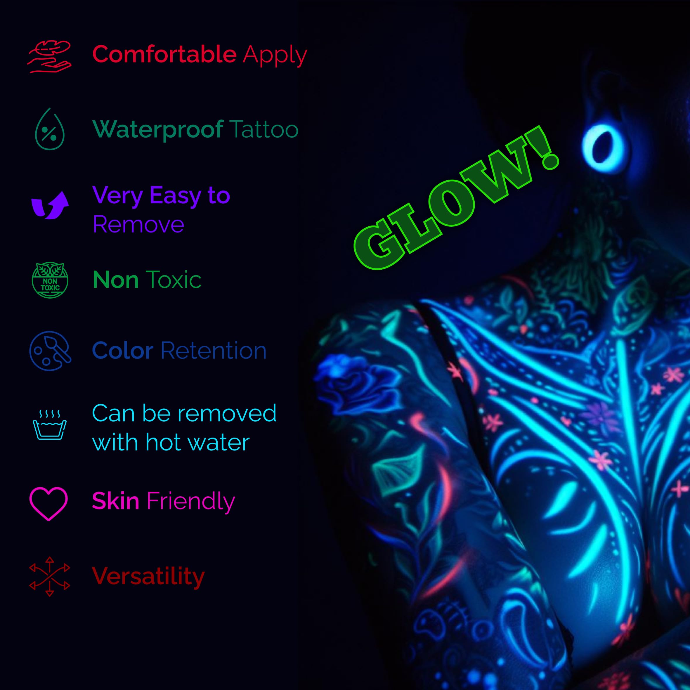 Glow in the Dark Neon Temporary Tattoos - 20 Sheets, 170+ Unique Designs for Party Rave Festival