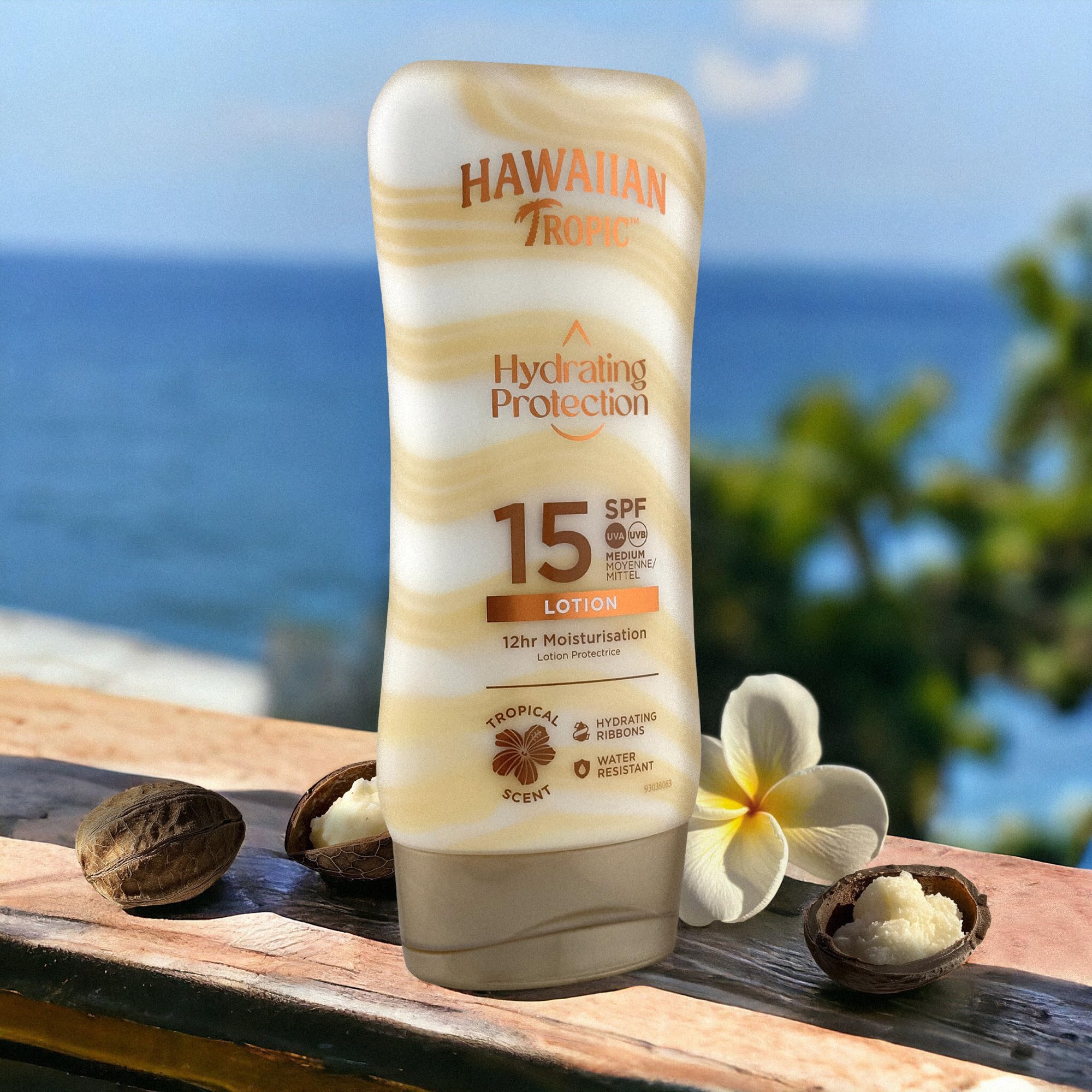 Hawaiian Tropic Hydrating Protection Sunscreen Lotion, Water Resistant SPF 15 UVA + UVB Protection Suncream, 12-Hour Moisturising Sun Lotion with Cocoa and Shea Butter, 180 ml