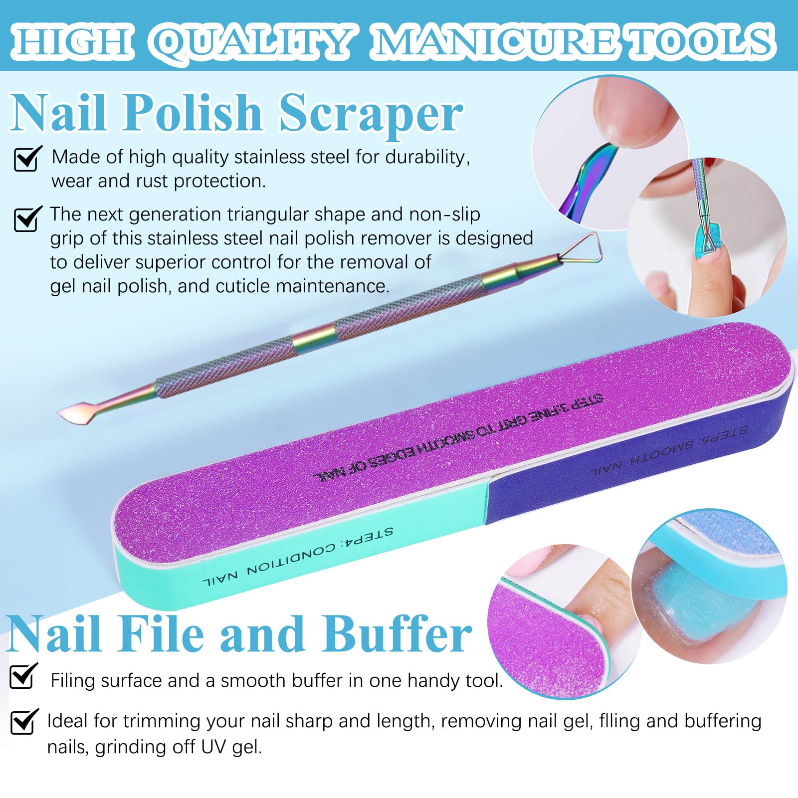 Gel Nail Polish Remover Kit, Gel Polish Remover with Nail Polish Peeler Scraper and Nail File Buffer, Easily Removes Gel Polish in 2-5 Minute