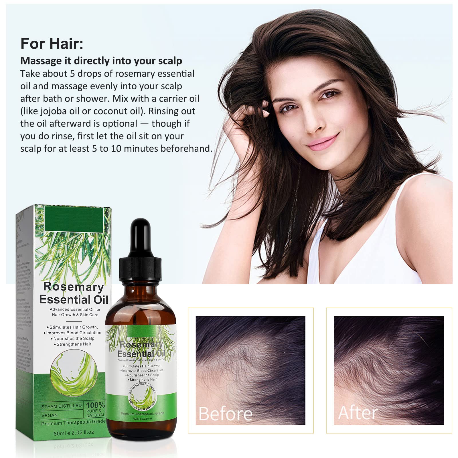 VXHDAG Rosemary Oil for Hair Growth & Skin Care - 100% Pure Rosemary Essential Oil for Eyebrow and Eyelash, Nourishes The Scalp, Stimulates Hair Growth for Men Women (2 Pack 2x60ML)