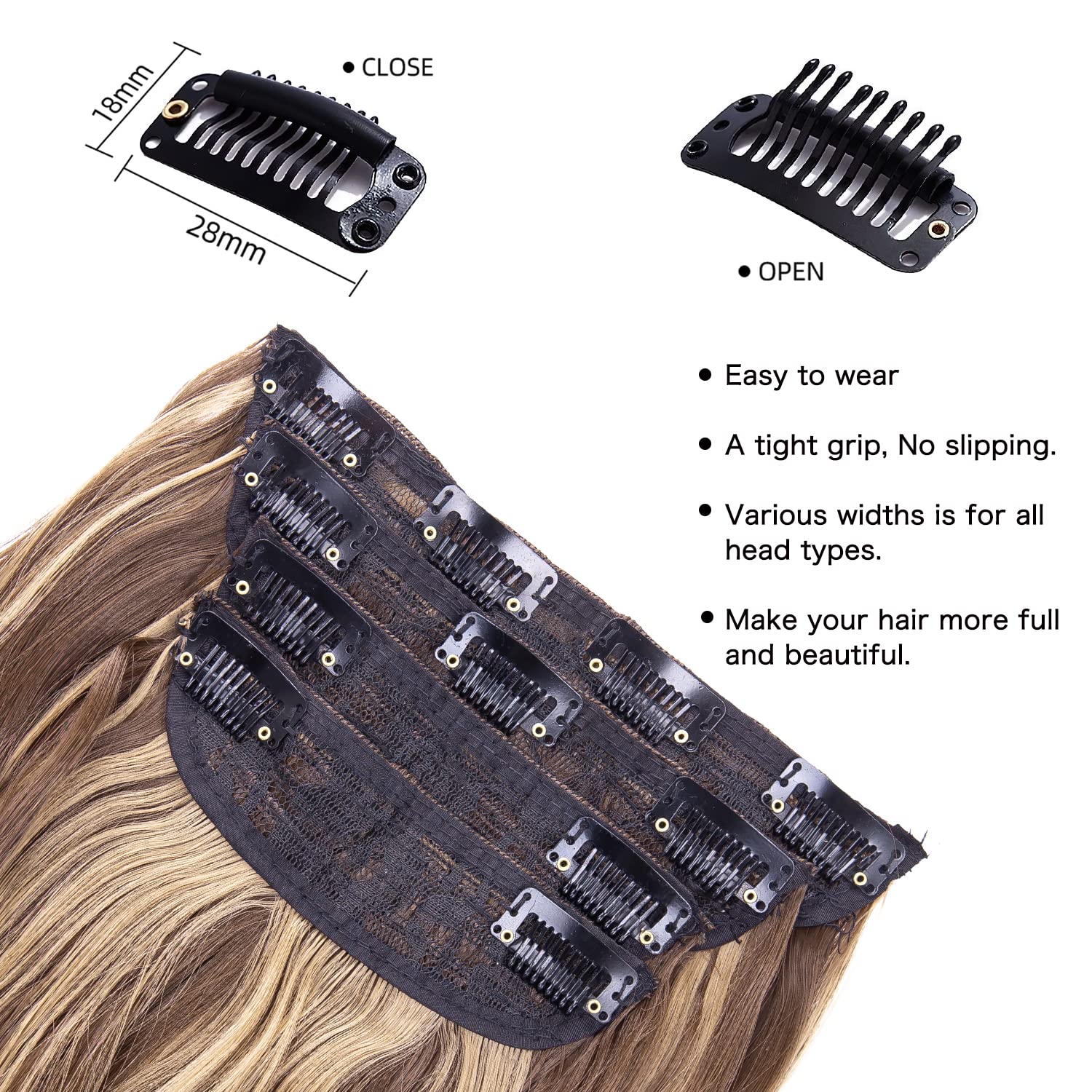 20 Inches Brown Hair Extensions Clip in, Long Wavy Synthetic Clip in Hair Extension, Natural Thick Hairpieces for Women (Medium Brown with Honey Blonde Highlights, 4Pcs)
