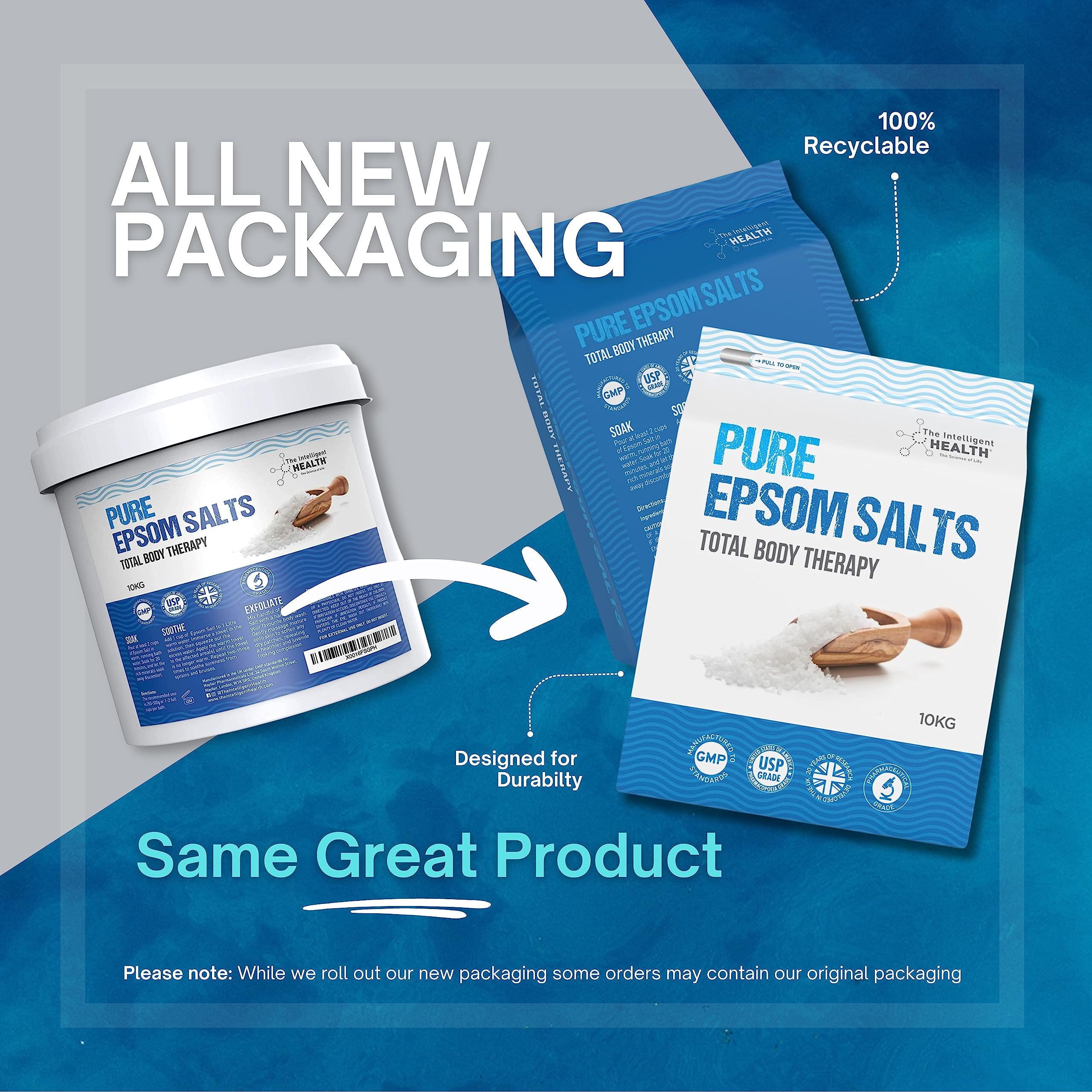 Intelligent Health Pure Epsom Salts 10kg, Total Body Therapy, 100% Pure Premium Quality Magnesium Sulphate Traditional Bath Soak, Fine 1.4mm Easily Dissolvable Grain Size, Vegan Friendly