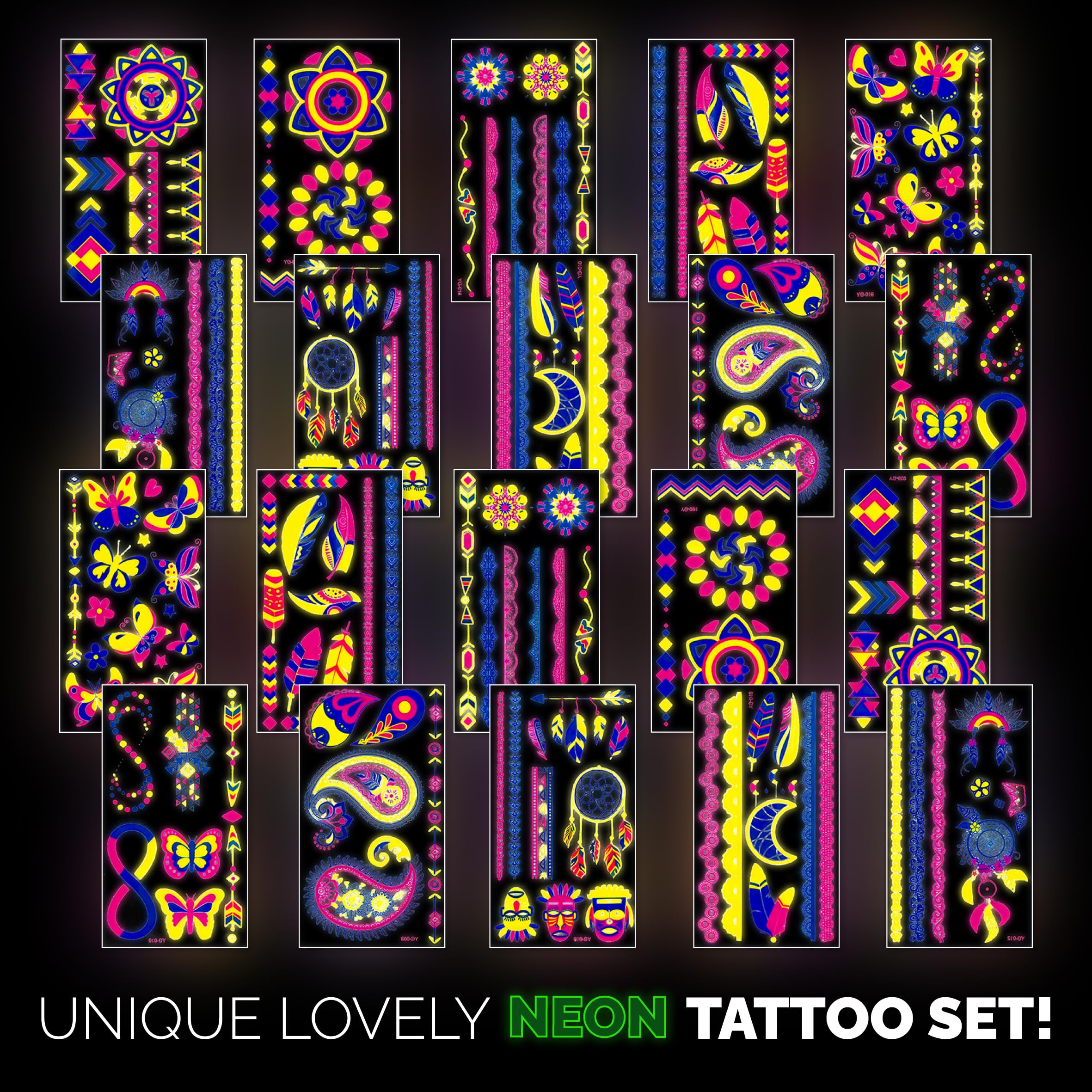 Glow in the Dark Neon Temporary Tattoos - 20 Sheets, 170+ Unique Designs for Party Rave Festival