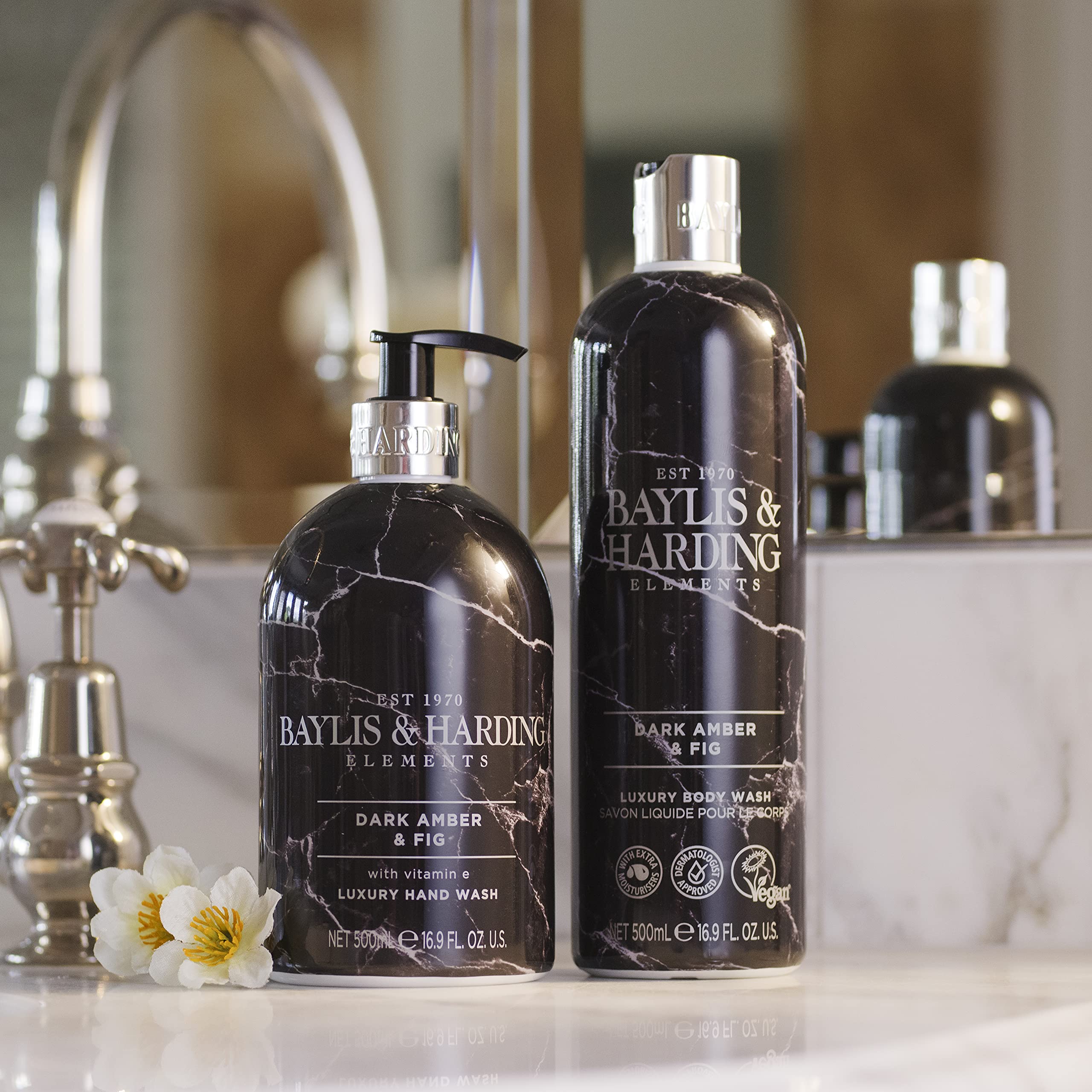 Baylis & Harding Liquid Body Wash Soap, Elements, Dark Amber & Fig, 16.9oz/500ml (4-Pack)