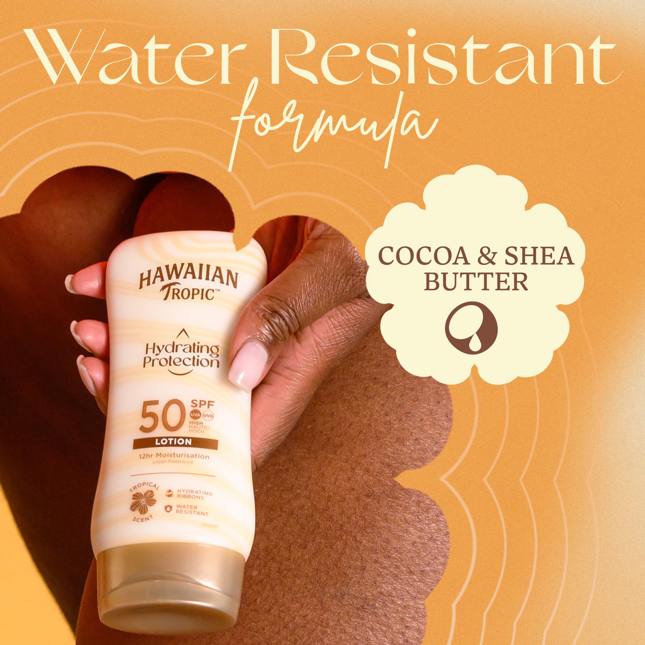 Hawaiian Tropic Hydrating Protection Sunscreen SPF 50 UVA Plus UVB Protection, 180 ml, 12-Hour Moisturisation with Cocoa & Shea Butter, Water Resistant, Vegan