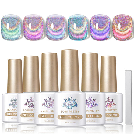 BORN PRETTY Magnetic Gel Nail Polish Set 6 Colors Rainbow Iridescent Gel Polish Cat Magnet Eye Sparkle Nail Polish Varnish U V/LED Nail Art Nail Salon Manicure
