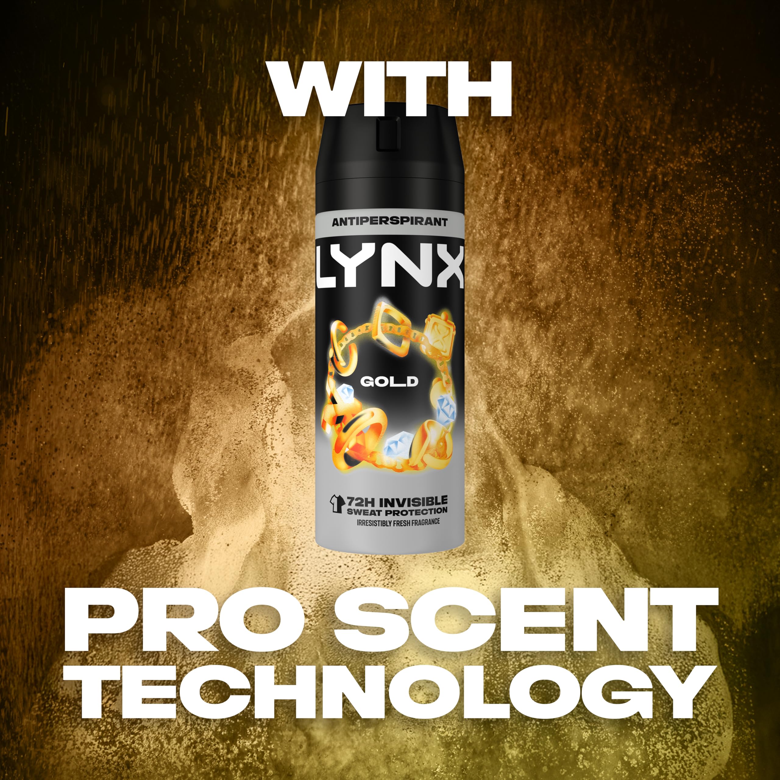 Lynx Gold Anti-Perspirant Aerosol Men's Deodorant Spray with ProScent technology and an oud wood & fresh vanilla scent for 72 hours protection against odour and wetness 6x 150 ml (Package may vary)