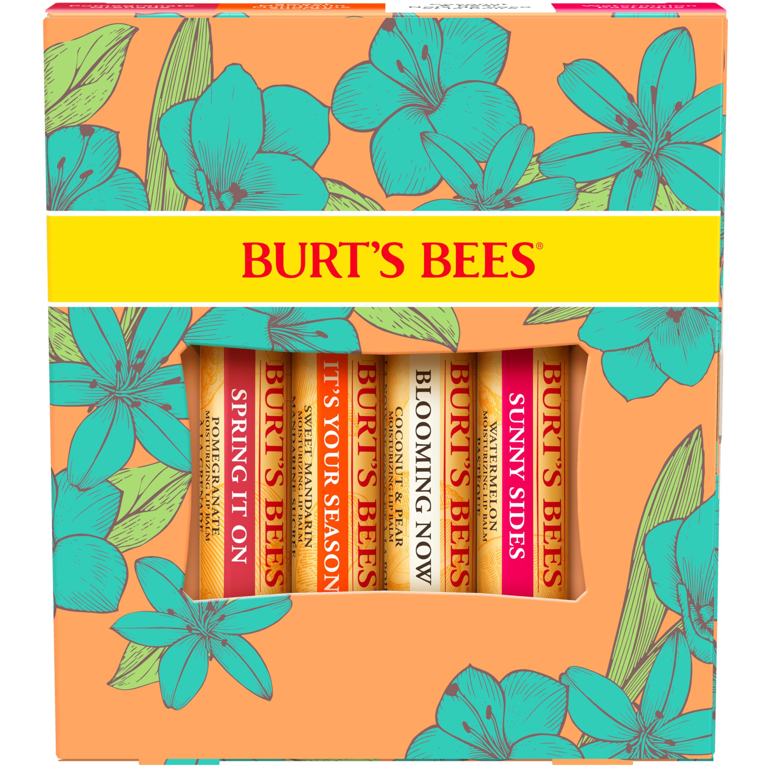 Burt's Bees Lip Balm - Just Picked Gifts Set with Pomegranate, Watermelon, Sweet Mandarin, Coconut and Pear Natural Lip Treatment Tubes, 4, 0.15 oz.