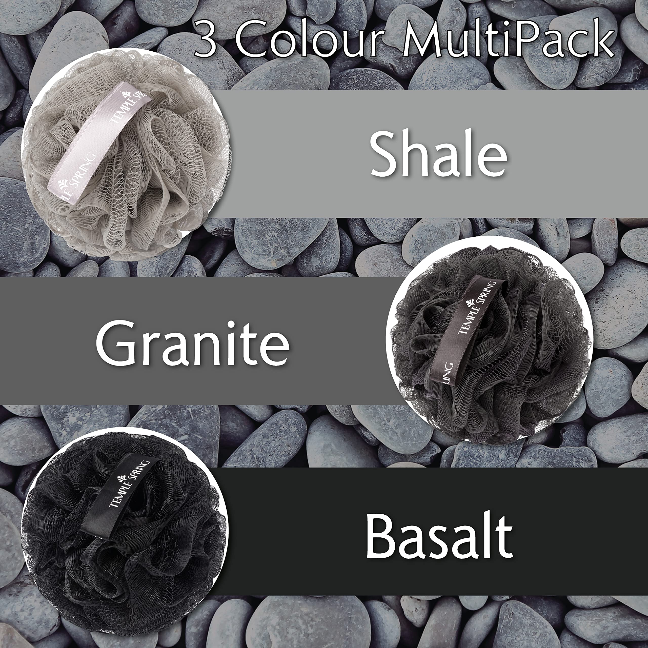 Temple Spring Loofah Shower Sponge, Recycled Body Scrubber Scrunchies, Exfoliating Bath Sponge, Shower Puff Bath Sponges for Adults, Loofah Back Scrubber Pouffe, Loofa Body Scrub Exfoliator - Grey