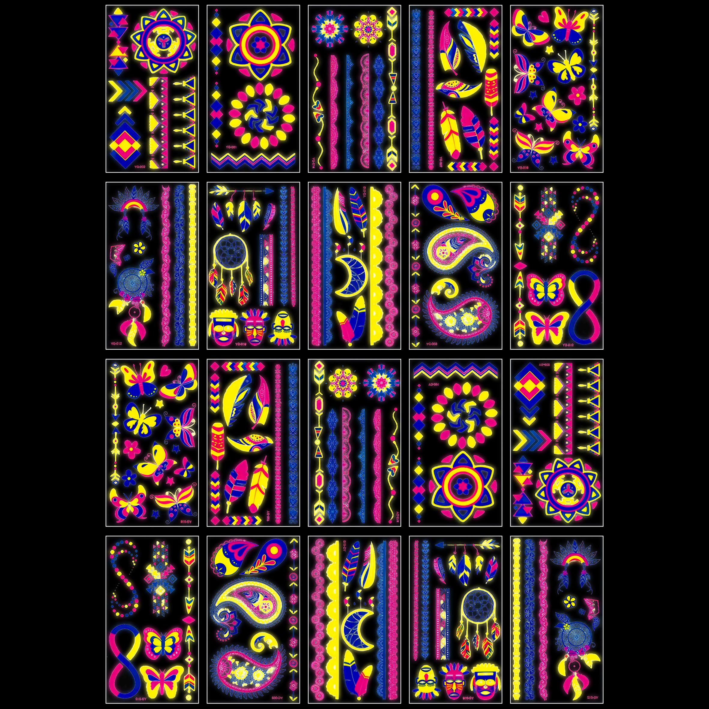 Glow in the Dark Neon Temporary Tattoos - 20 Sheets, 170+ Unique Designs for Party Rave Festival