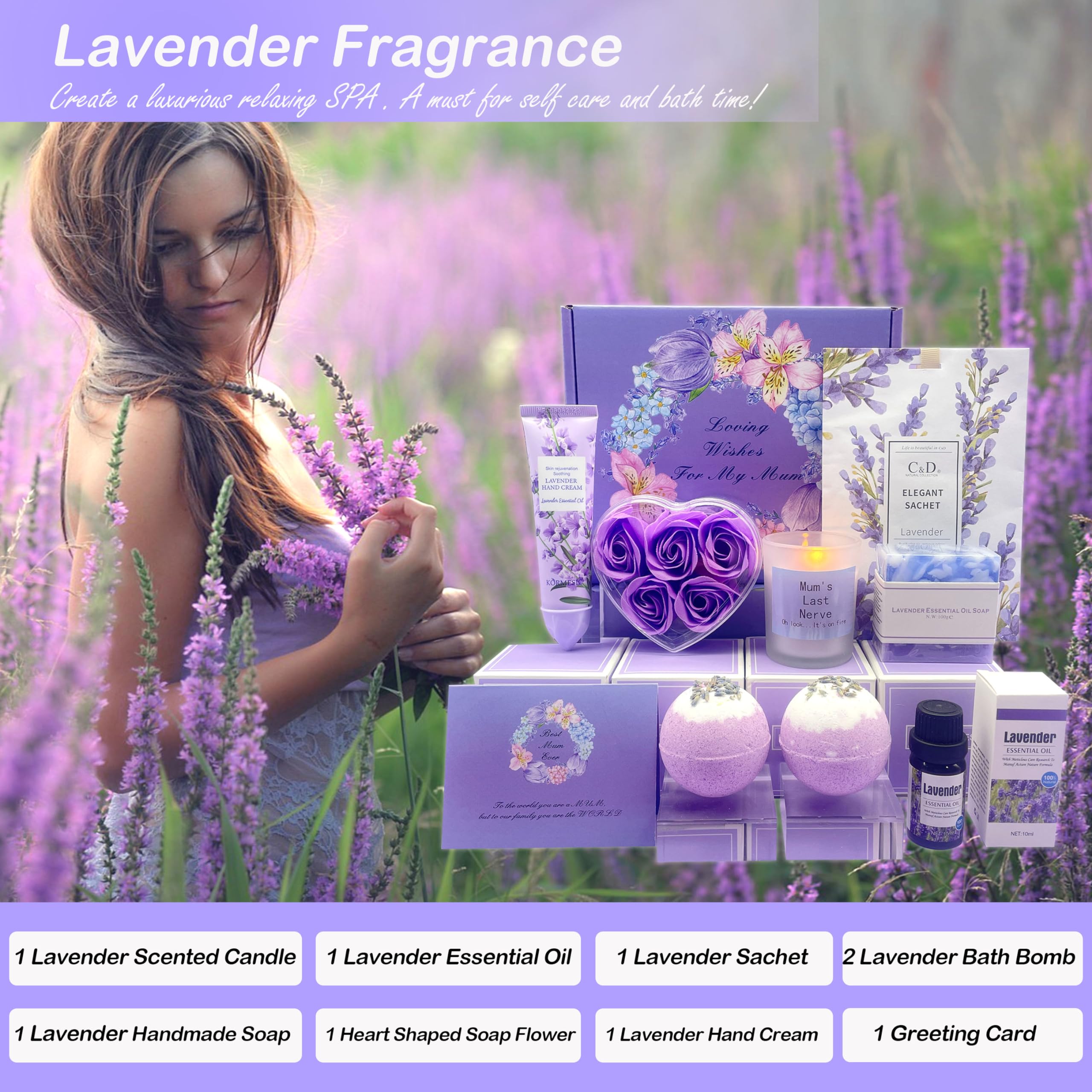 Mothers Day Pamper Gifts for Mum, Mum Birthday Gifts,Gift Set for Women, Unique Lavender Self Care Mummy Gifts, Best Mum Gifts, Relaxation Spa Bath Set for Her, Get Well Soon Gift Ideas for Mother