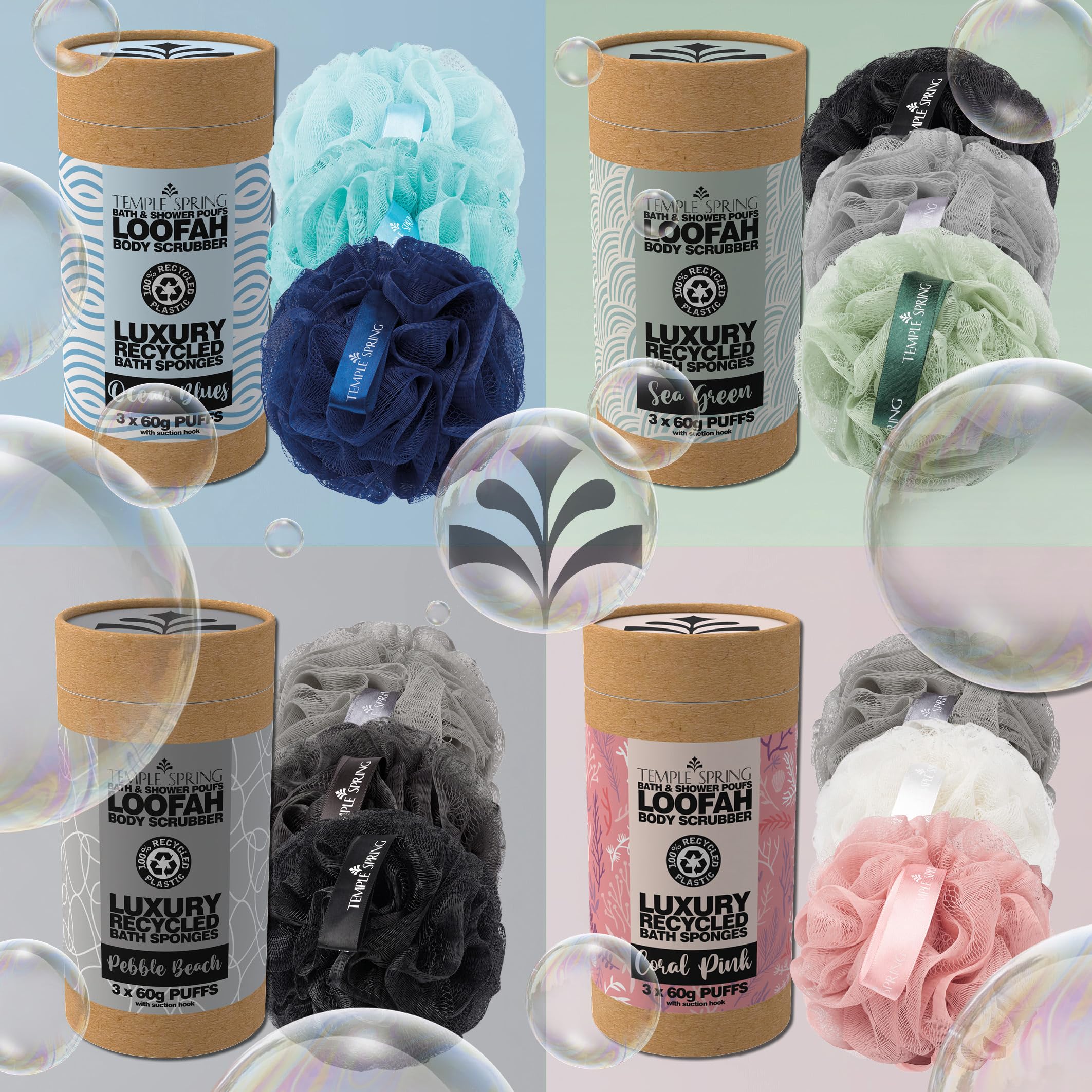 Temple Spring Loofah Shower Sponge, Recycled Body Scrubber Scrunchies, Exfoliating Bath Sponge, Shower Puff Bath Sponges for Adults, Loofah Back Scrubber Pouffe, Loofa Body Scrub Exfoliator -Sea Green