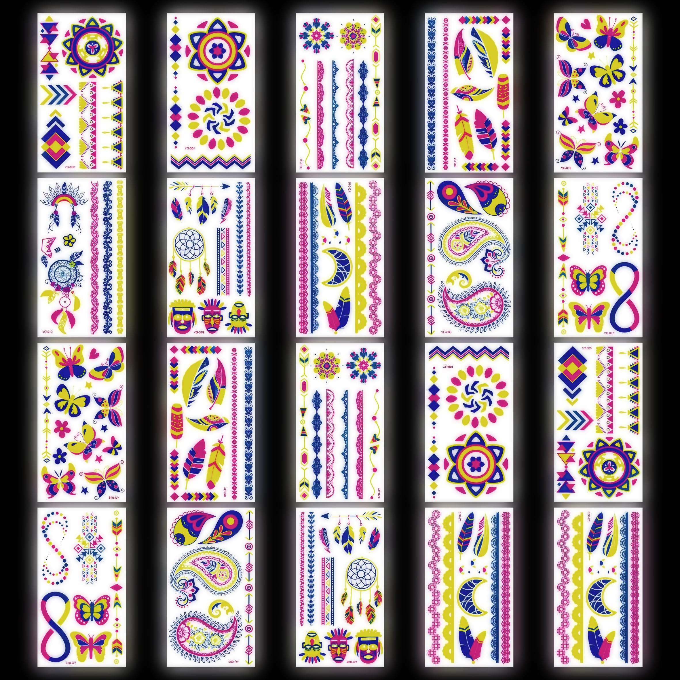 Glow in the Dark Neon Temporary Tattoos - 20 Sheets, 170+ Unique Designs for Party Rave Festival