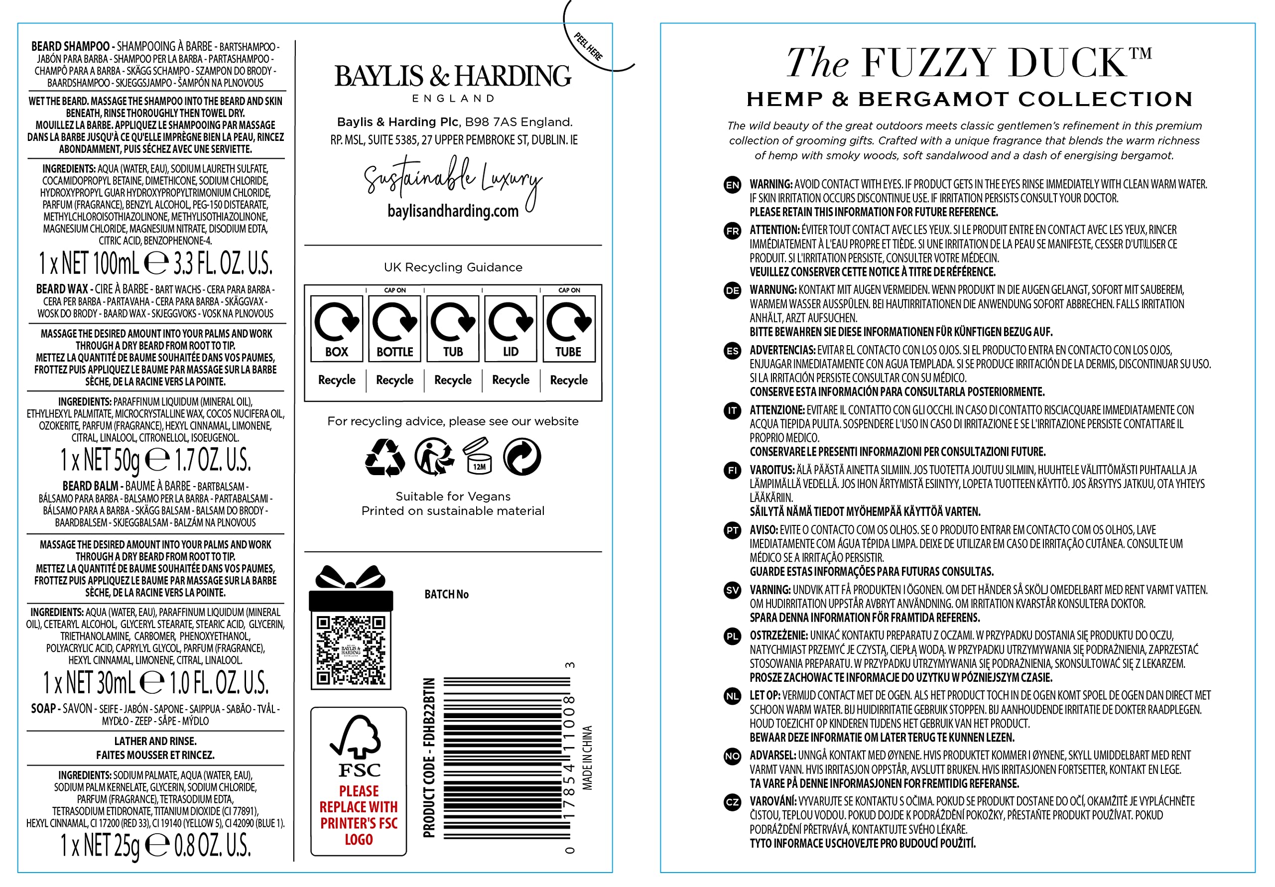 Baylis & Harding Gift Set for Men - The Fuzzy Duck Bergamot, Mens Hemp & Sandalwood