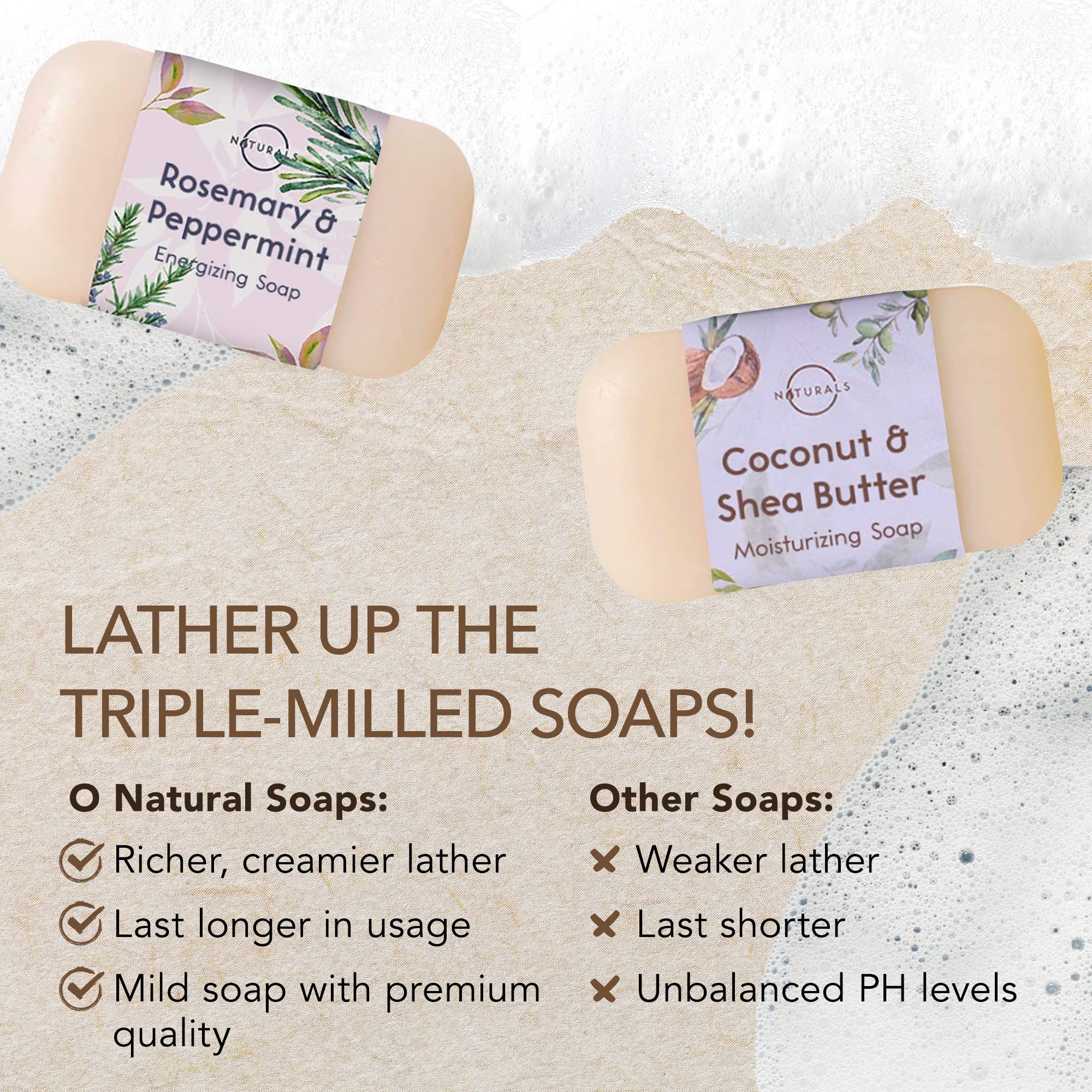 O Naturals Moisturizing Soap Bars - Natural Soap Bar, Organic Soap - Body Soap Bars, Face Soap & Hand Soap - Shower Soap, Body Wash Bar - Stocking Stuffers for Adults (6 pieces, Natural Soap)